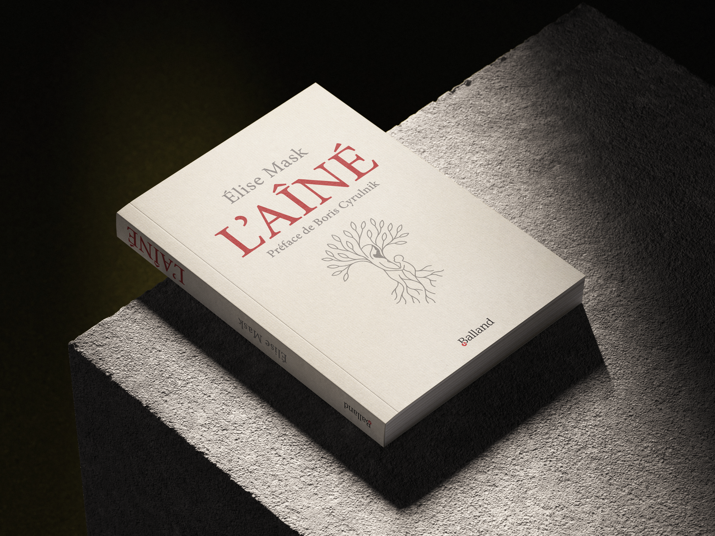 Couverture d'un livre intitulé "L'Âiné" d'Élise Mask avec une illustration d'une branche d'arbre. La couverture est beige et le livre repose sur une surface en béton.
