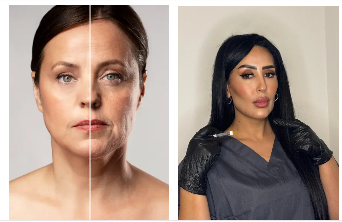 Side-by-side comparison of a woman's face before and after cosmetic treatment on the left, and a woman with makeup and a syringe in her hand on the right.