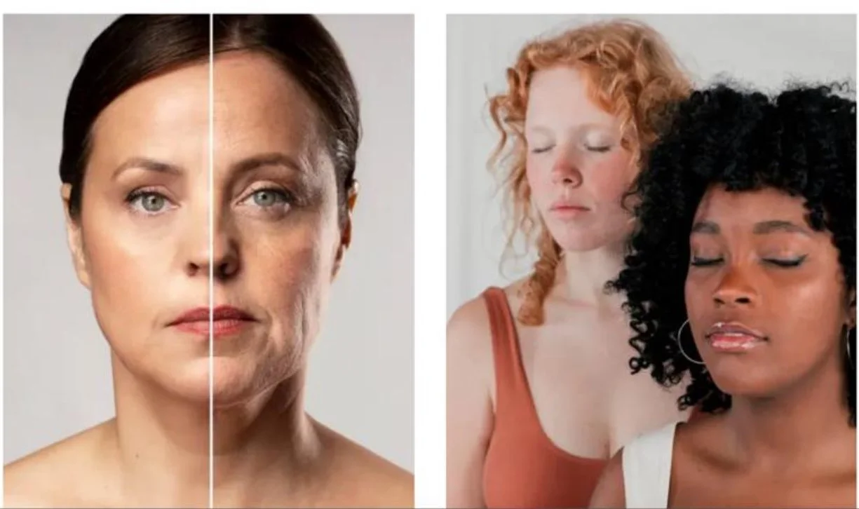 Side-by-side comparison of two women, one with fewer facial wrinkles and smoother skin, and the other with more visible wrinkles and older appearance; in the second image, two women with closed eyes, one with curly blonde hair and the other with curly black hair.