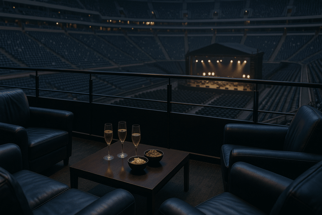 Sala vip con sillones de cuero, mesa con copas de champagne y aperitivos, vista a estadio con escenario y luces apagadas.