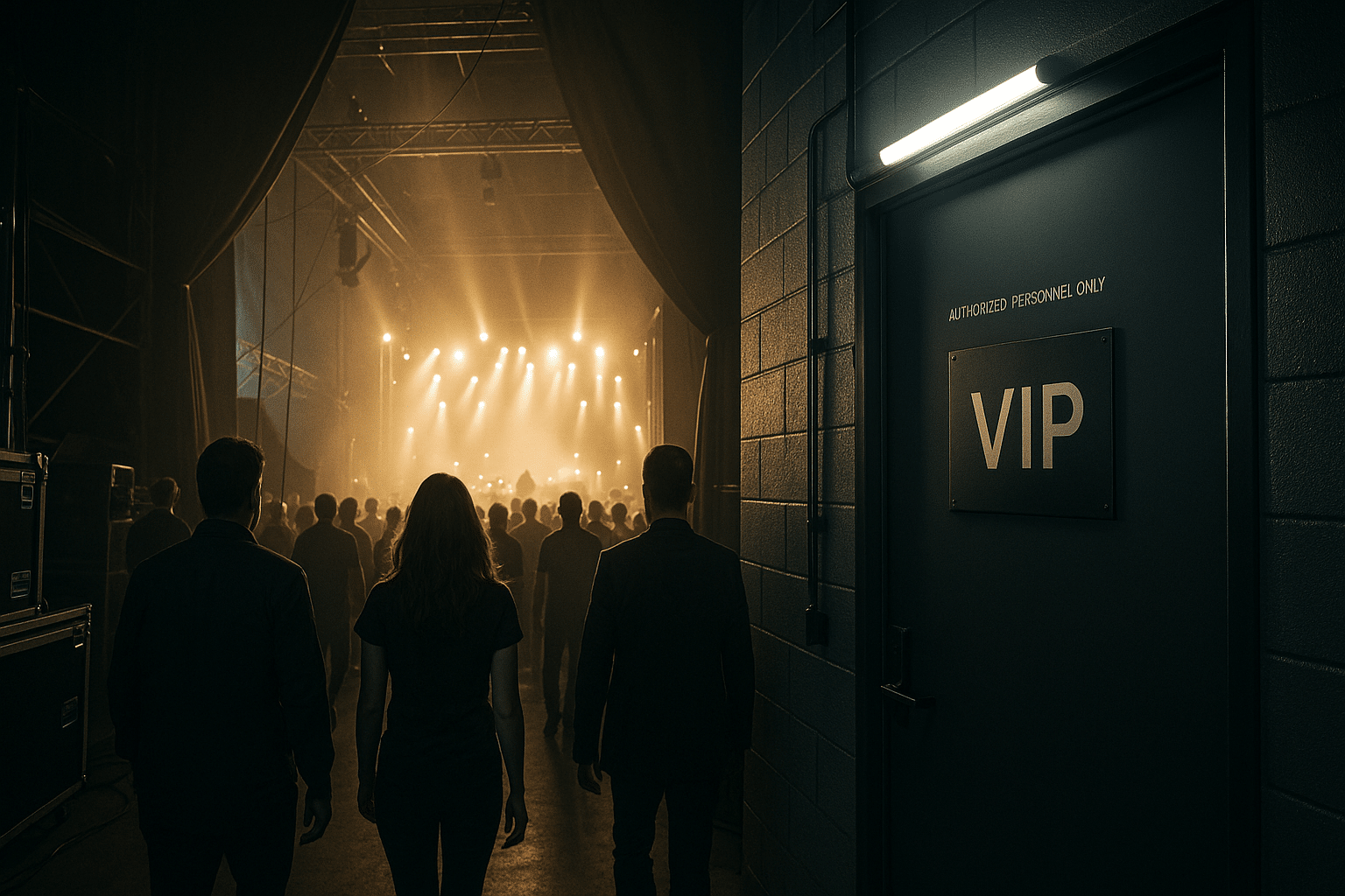 Personas entrando a una zona reservada con letrero que dice VIP en un escenario de concierto iluminado con luces doradas.