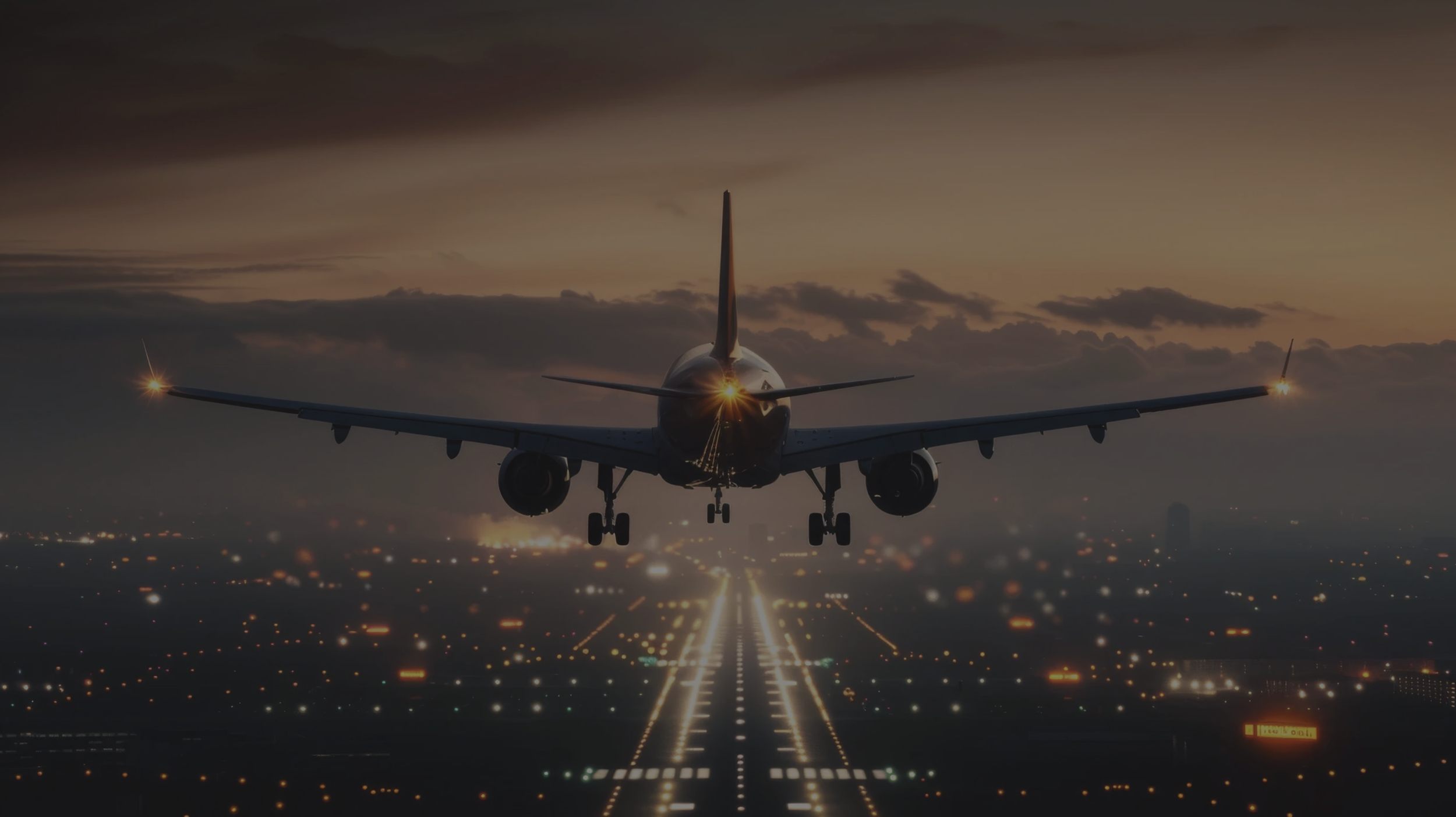 Avión despegando al atardecer hacia una ciudad iluminada.