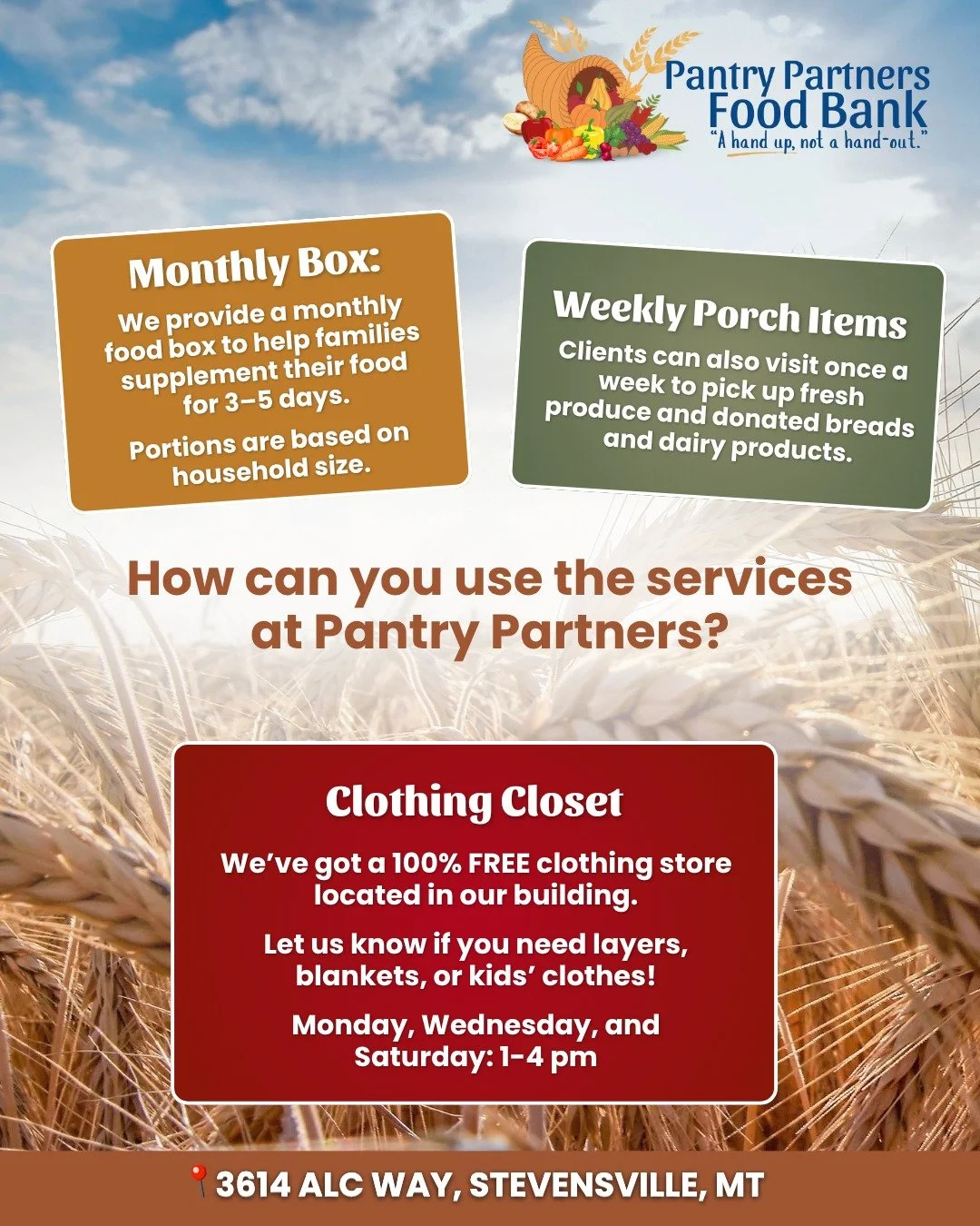 At Pantry Partners, you can stop in for the things that fit your life right now.

Some weeks it&rsquo;s food.
Some weeks it&rsquo;s clothes.
Some weeks it&rsquo;s both.

We&rsquo;re here for all of it.

Come by and take what helps. 💛

🥫 Monday 11am