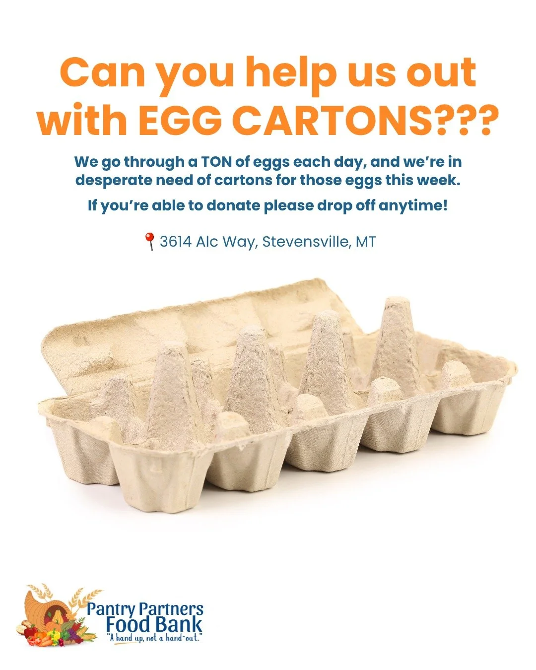 Ummm we're starting off the week in need of egg cartons. 🥚🤪

We go through a ton of eggs every day getting food out to folks in the community, and right now we&rsquo;re running low on cartons to send them home in.

So if you&rsquo;ve got a stack si