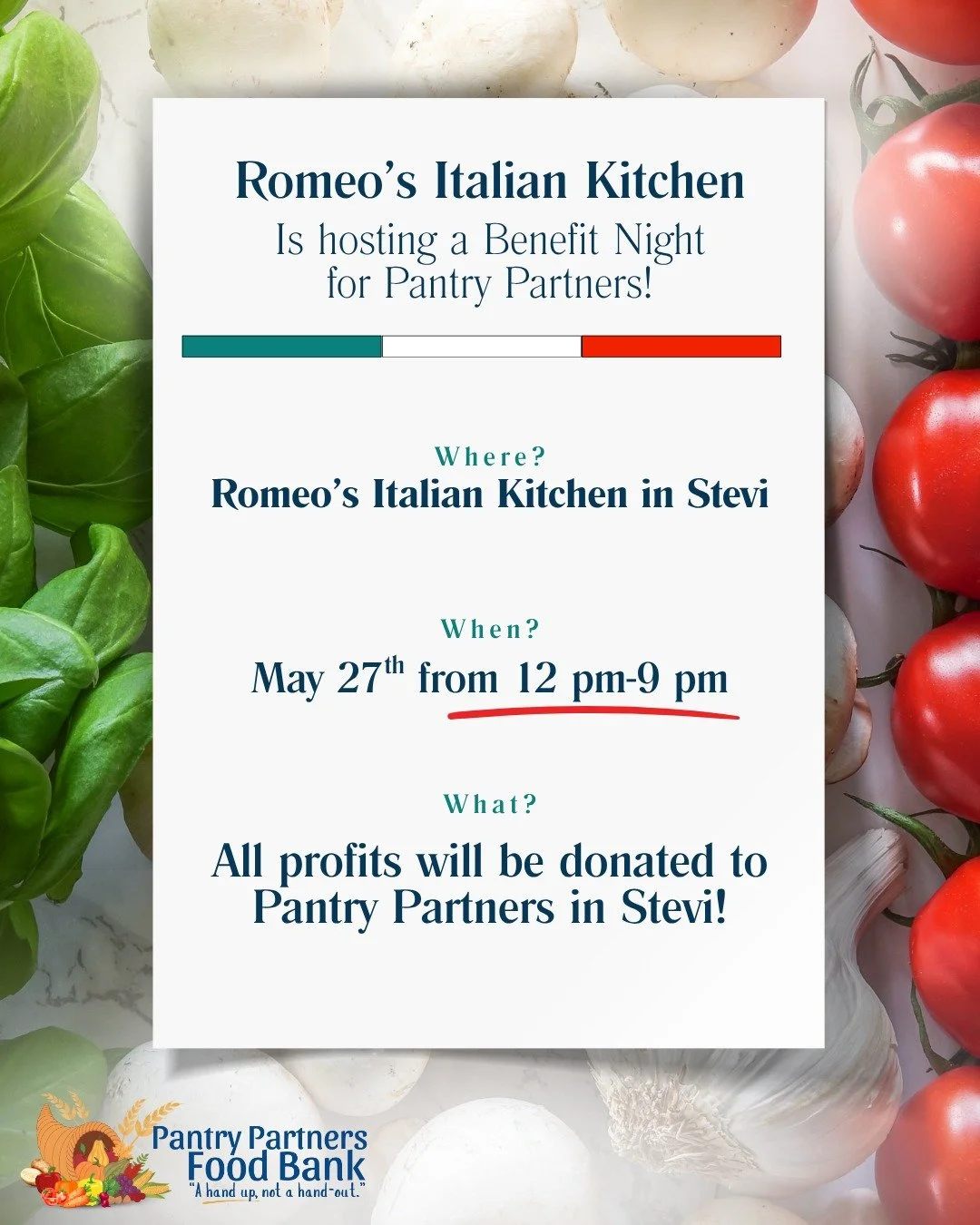 There&rsquo;s always a good time for pasta, but the BEST time is next Wednesday. 🍝🤌

On May 27th from 12 PM&ndash;9 PM, Romeo&rsquo;s Italian Kitchen in Stevensville is hosting a Benefit Night for Pantry Partners&mdash;and all profits from the even