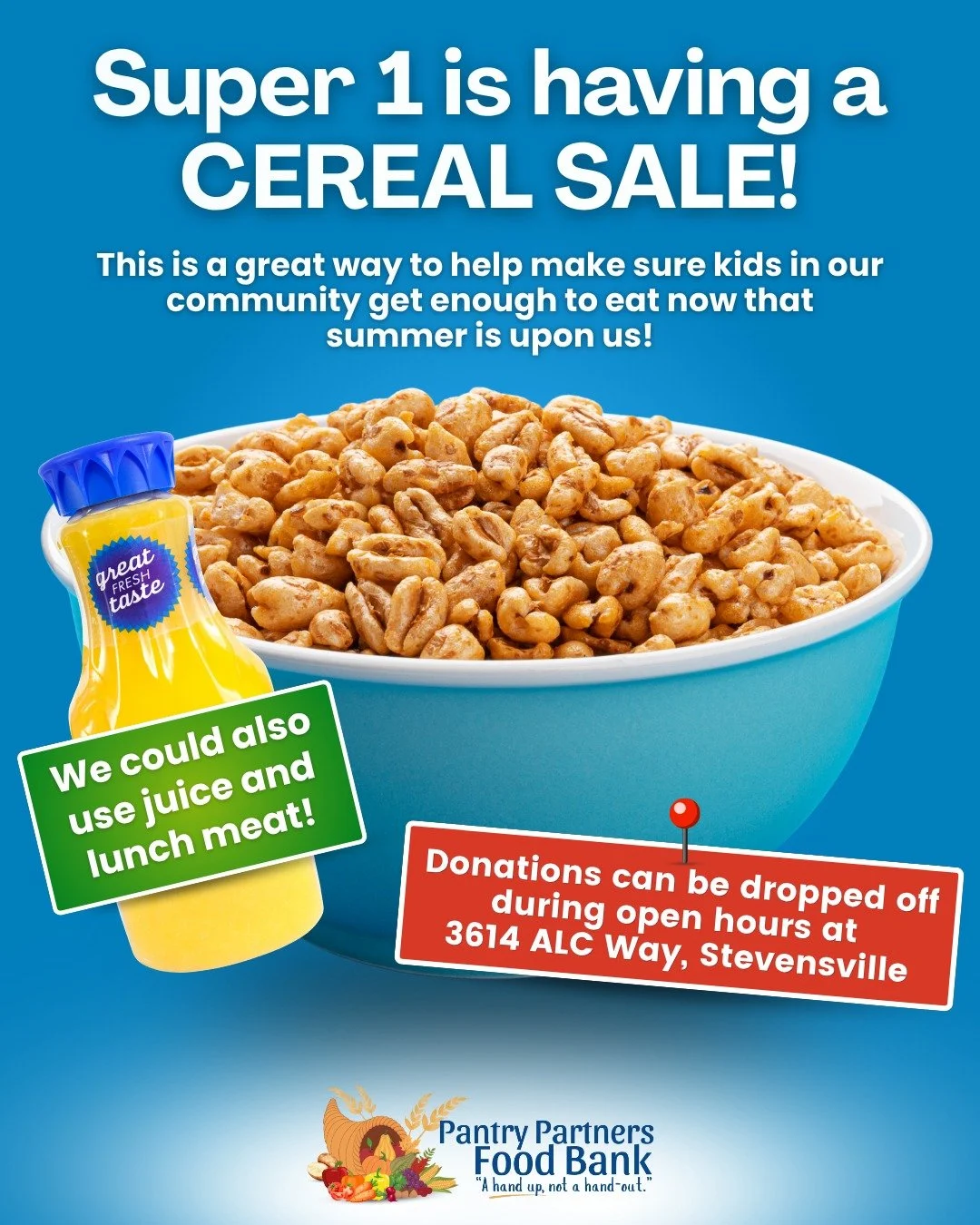 Headed to Super 1 this Thursday? 👀

We've got a little favor to ask. The cereal sale is happening, and if you're already planning a grocery run, we'd be so grateful if you'd toss an extra box or two in your cart for Pantry Partners!

As we head into