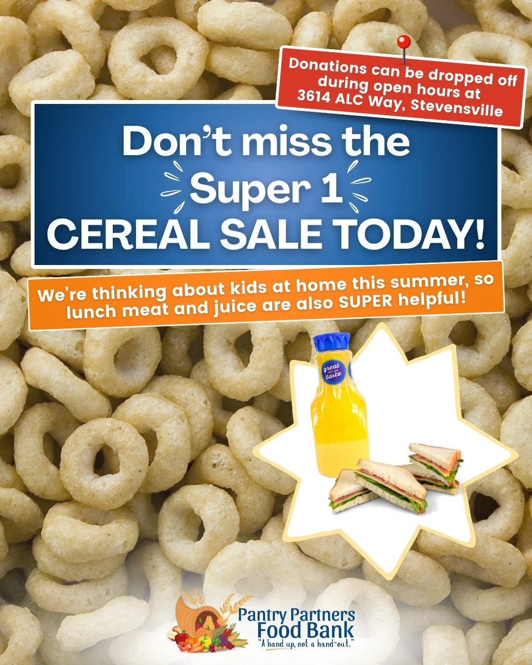 Hey friends! 🥣 If you're headed to Super 1 today for the cereal sale and you're able to grab an extra box of cereal, bottle of juice, or package of lunch meat, we'd be so grateful!

Those are some of the items that go a long way for kids and familie