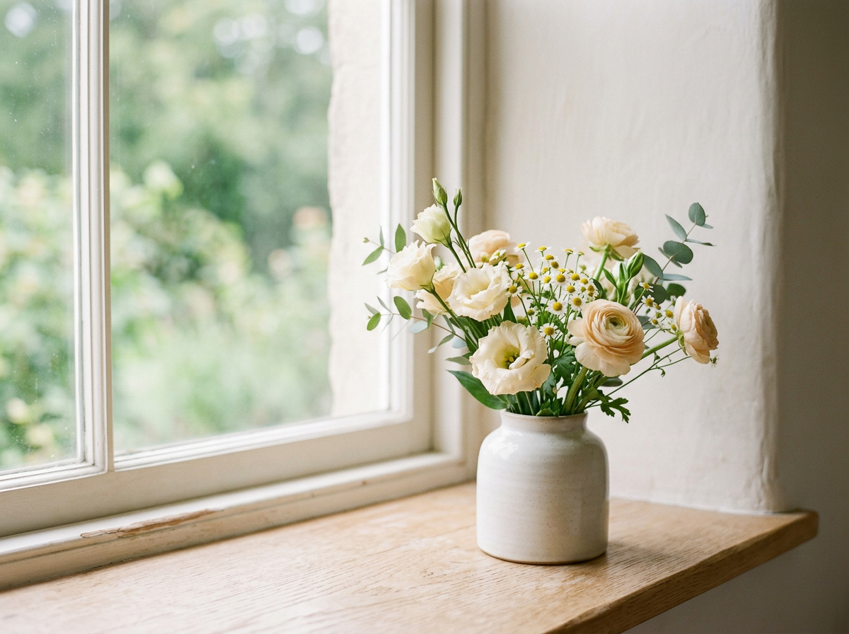 A ceramic vase holding a bouquet of white and cream flowers, including daisies and ranunculus, placed on a wooden windowsill by a window with a blurry green outdoor scene in the background.