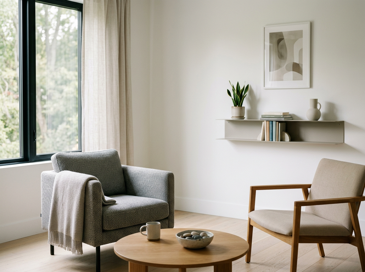 A cozy living room with gray upholstered armchair and a light wood accent chair around a small round wooden table. There is a bowl of stones and a cup on the table. A large window with beige curtains fills the space with natural light. A white wall features a floating shelf with books, a potted plant, and decorative vases, and hangs abstract art.