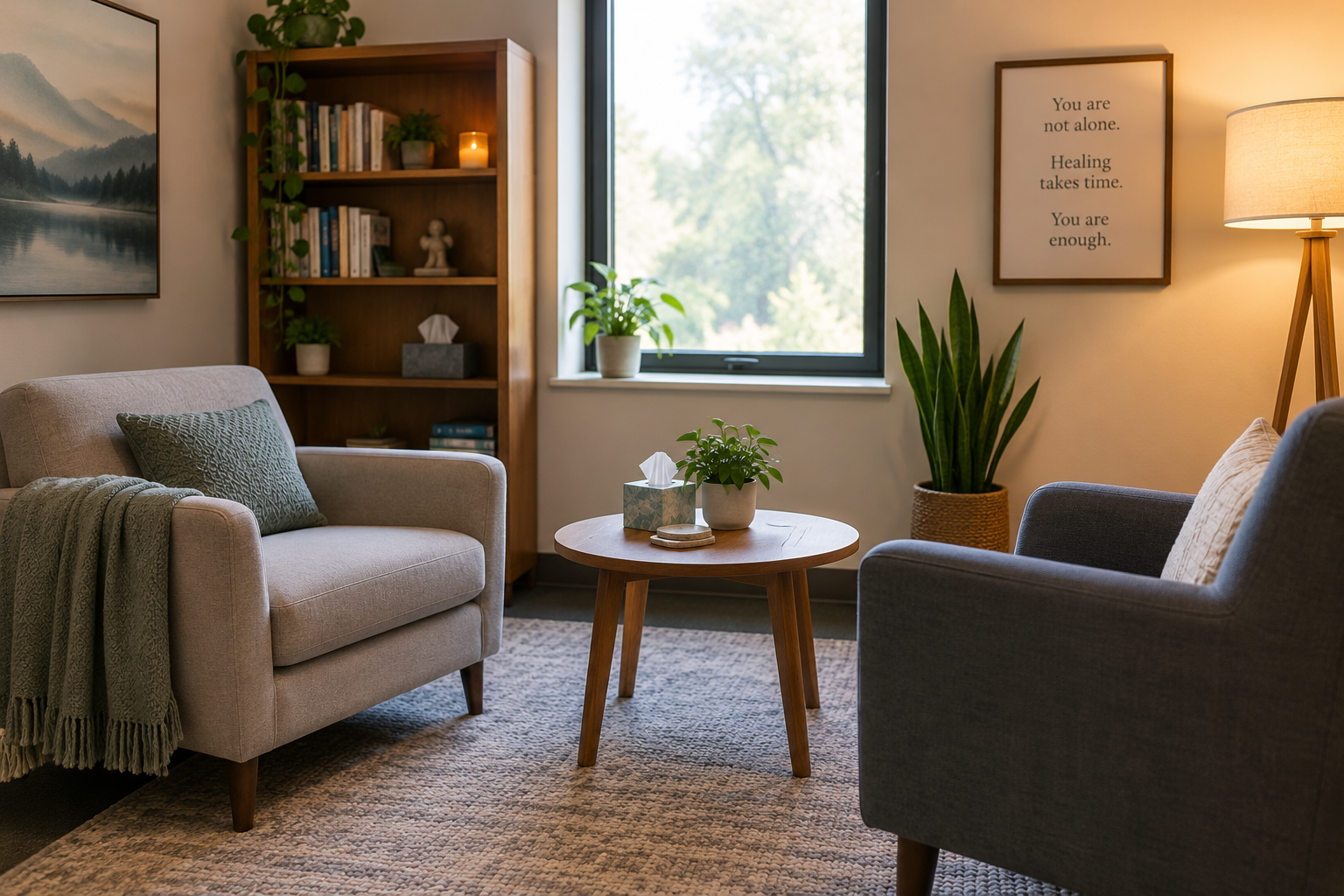 Cozy living room with two armchairs, a wooden coffee table with plants and tissues, a wall-mounted framed quote, a wooden bookshelf with decorative items, a large window with greenery outside, a lamp, and artwork of a lake and mountains.