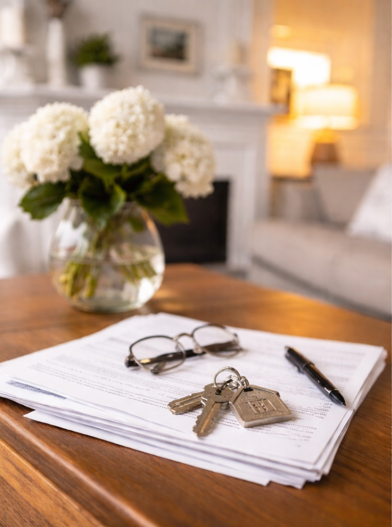 A vase of white flowers, eyeglasses, a set of keys, a house-shaped keychain, papers, and a pen on a wooden table in a cozy living room.