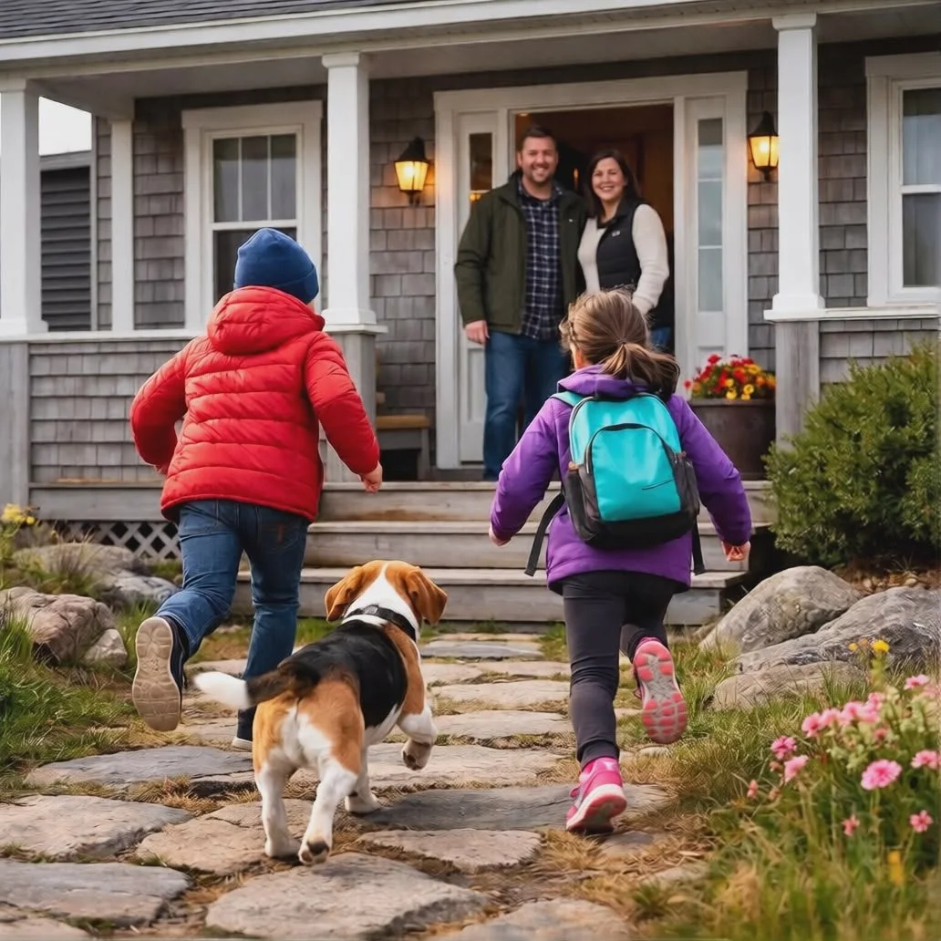 Two children, a boy in a red jacket and a girl with a backpack, walk up to a house with two adults on the porch. A dog runs ahead on a rocky pathway decorated with flowers.