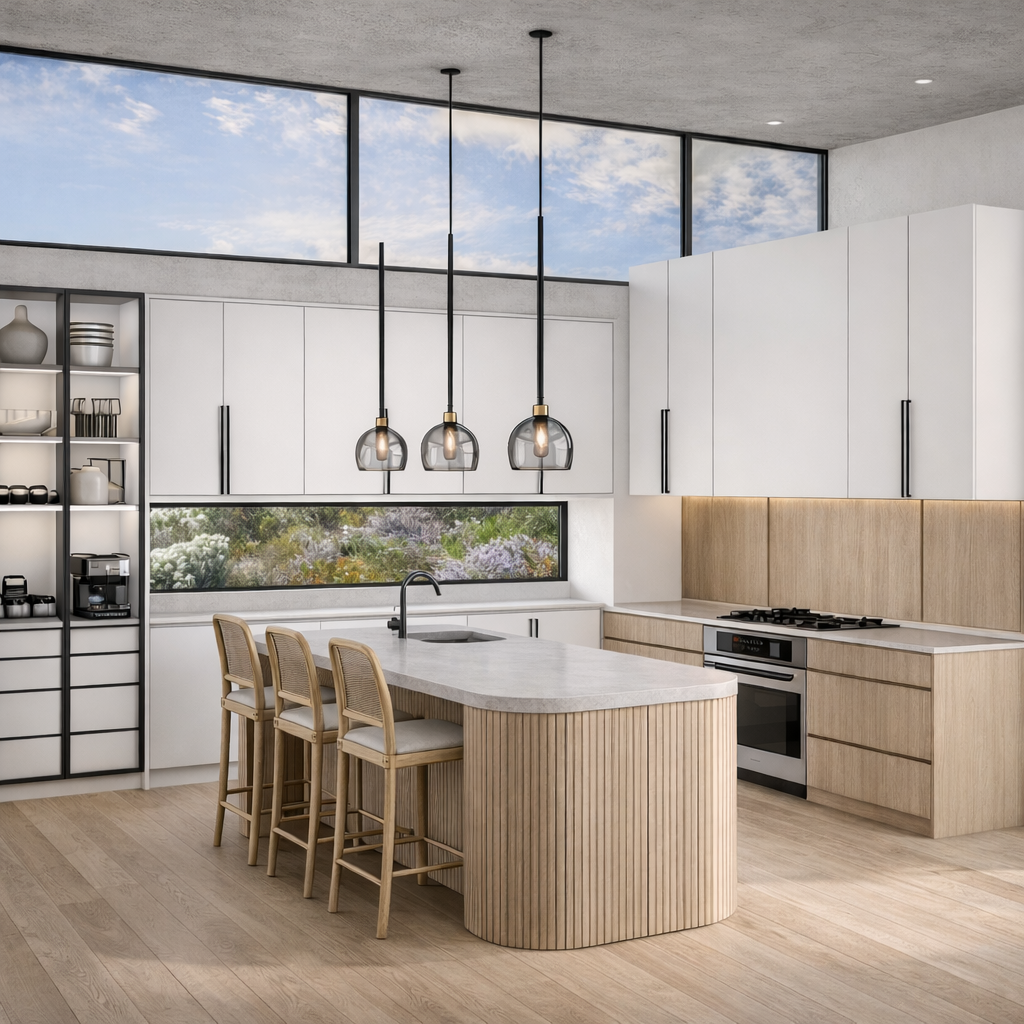 A modern kitchen with white cabinets, a light wood island with a curved edge, four bar stools, black pendant lights, and large windows showing a blue sky with clouds.