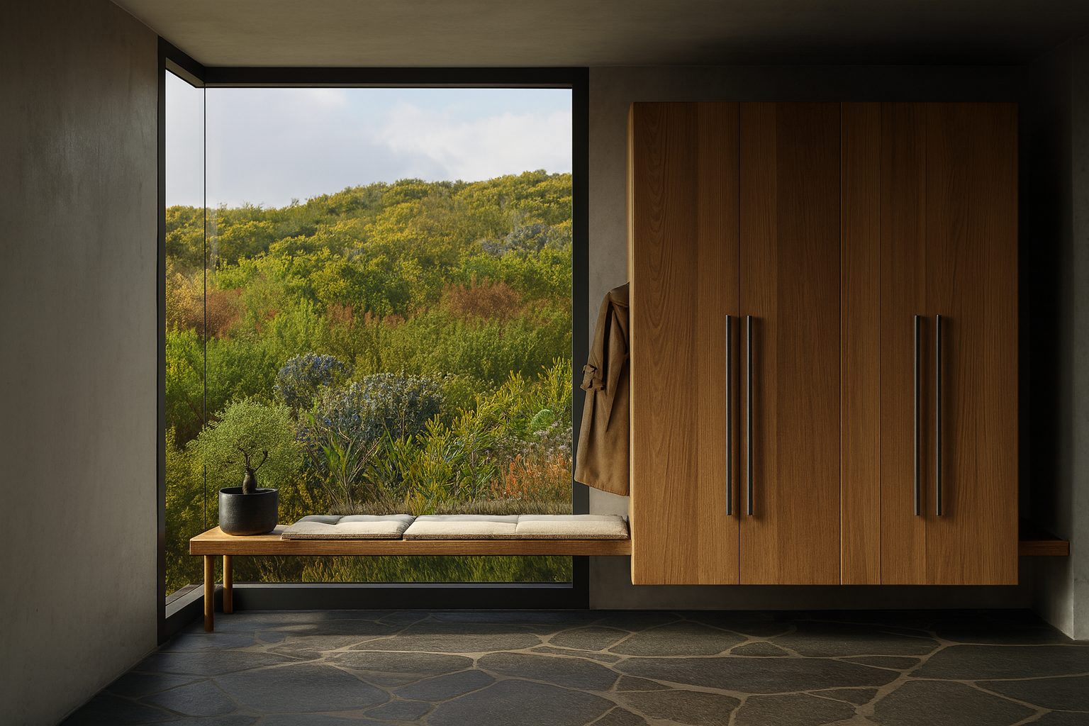 Modern interior with a large window showing green trees and hills, a wooden bench with cushions, a potted plant, and a wooden wardrobe