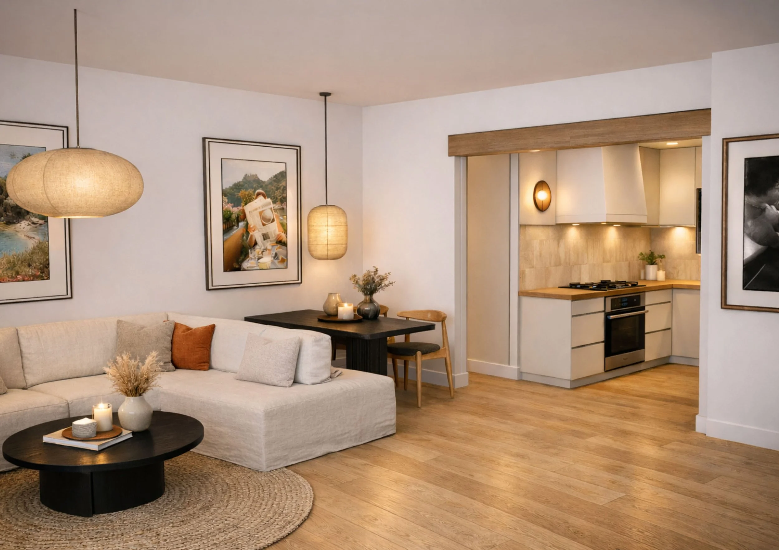 Living room with a white sectional sofa, a black round coffee table with candles and books, framed artwork on the walls, a wooden dining table with vases, and a view into a kitchen with white cabinets and stainless steel appliances.