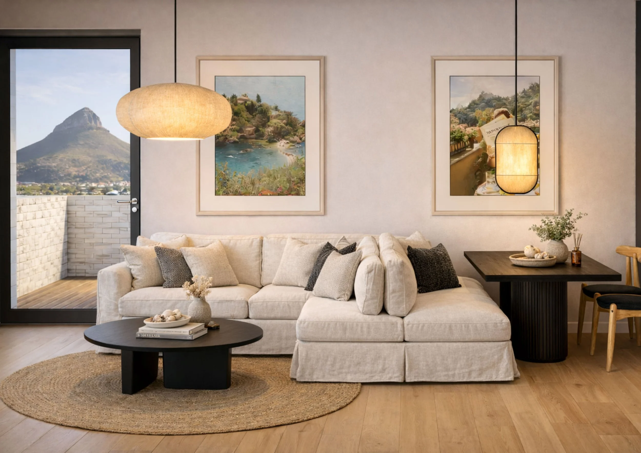 Willus Bosch, Renovation, Interior Design, Cape Town, Stellenbosch, South Africa. Living room with white sofa, black coffee table, paintings of a coastal scene, a large woven rug, a potted plant, and pendant lights, with a view of a mountain outside.