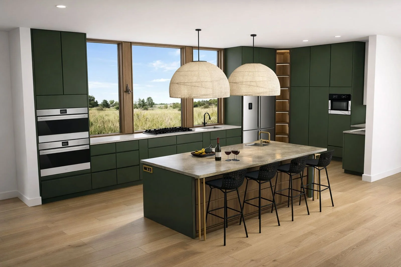 Willus Bosch, Renovation, Interior Design, Cape Town, Stellenbosch.Modern kitchen with green cabinets, wooden accents, large windows showing an outdoor landscape, a central island with barstools, hanging pendant lamps, and stainless steel appliances.
