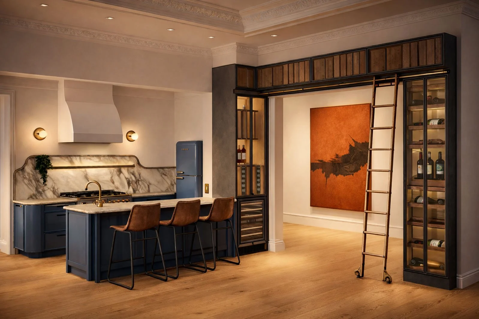 Willus Bosch, Renovation, Interior Design.Modern kitchen with blue cabinets, marble backsplash, and wooden bar chairs. Features a vintage refrigerator, wine storage, and artwork with a ladder. Warm lighting and wooden floors create a cozy atmosphere.