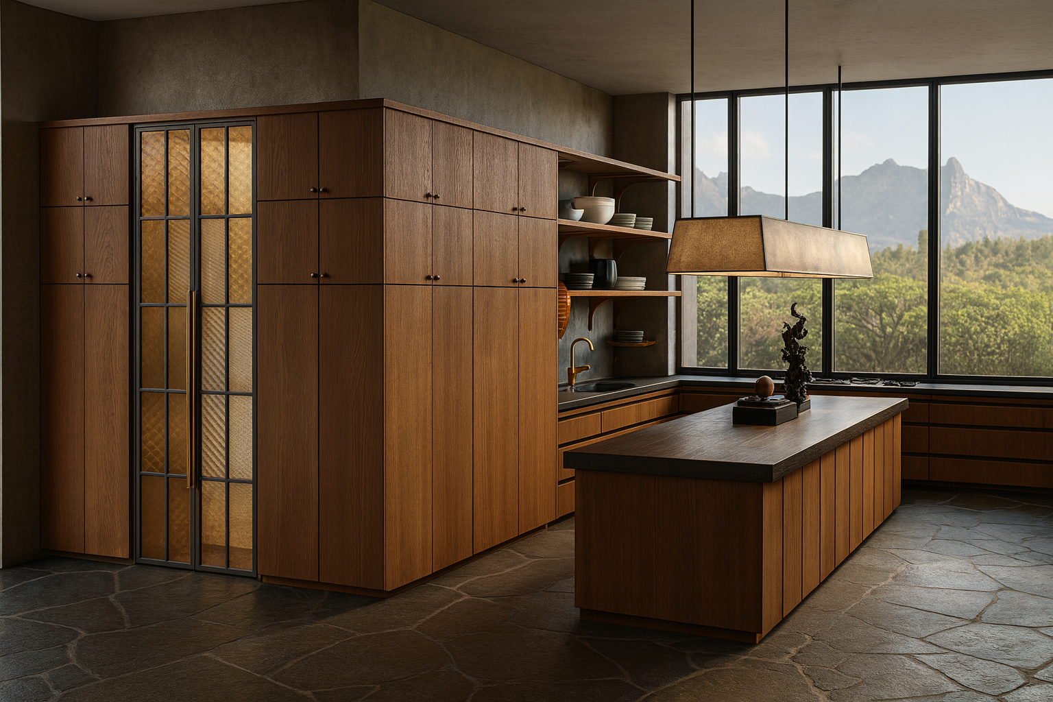 Willus Bosch, Renovation, Interior Design. Modern kitchen with wooden cabinets, open shelves with white bowls, black vases, and dishes, a kitchen island with a dark countertop, large window with mountain and trees view, and textured stone flooring.