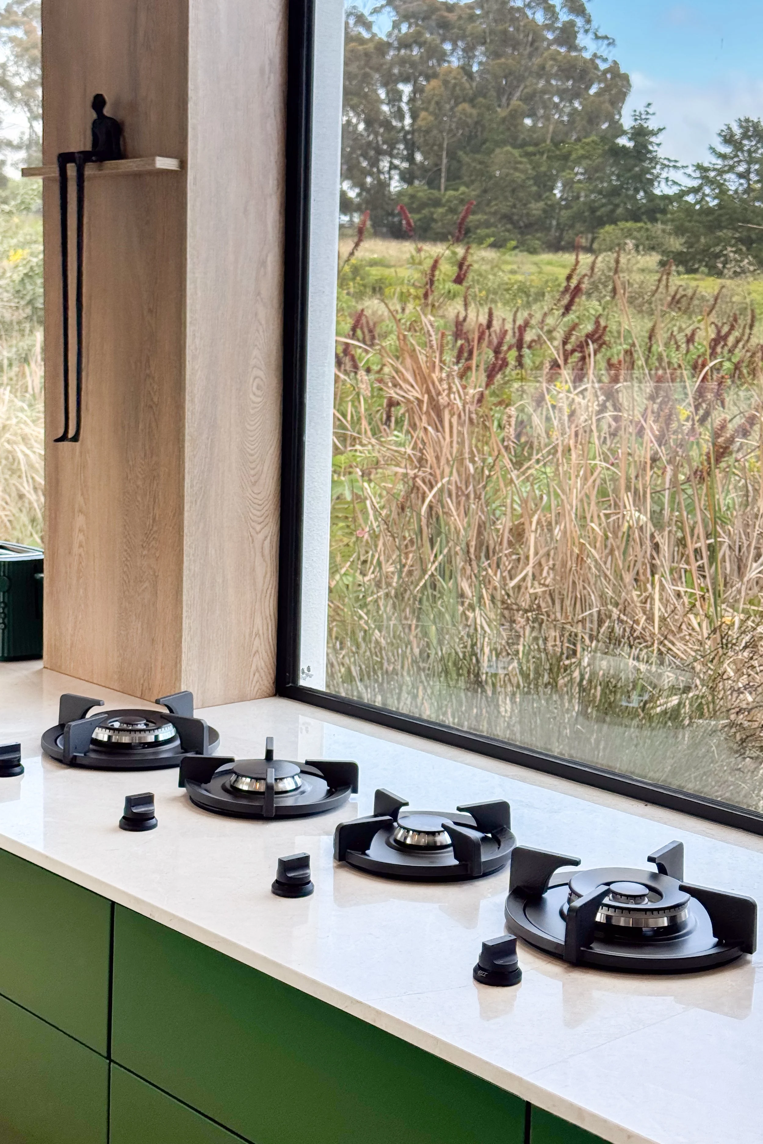 Willus Bosch, Renovation, Interior Design, Cape Town, Stellenbosch, South Africa. A modern kitchen countertop with four gas burners, a green cabinet below, and a large window showing greenery and trees outside.