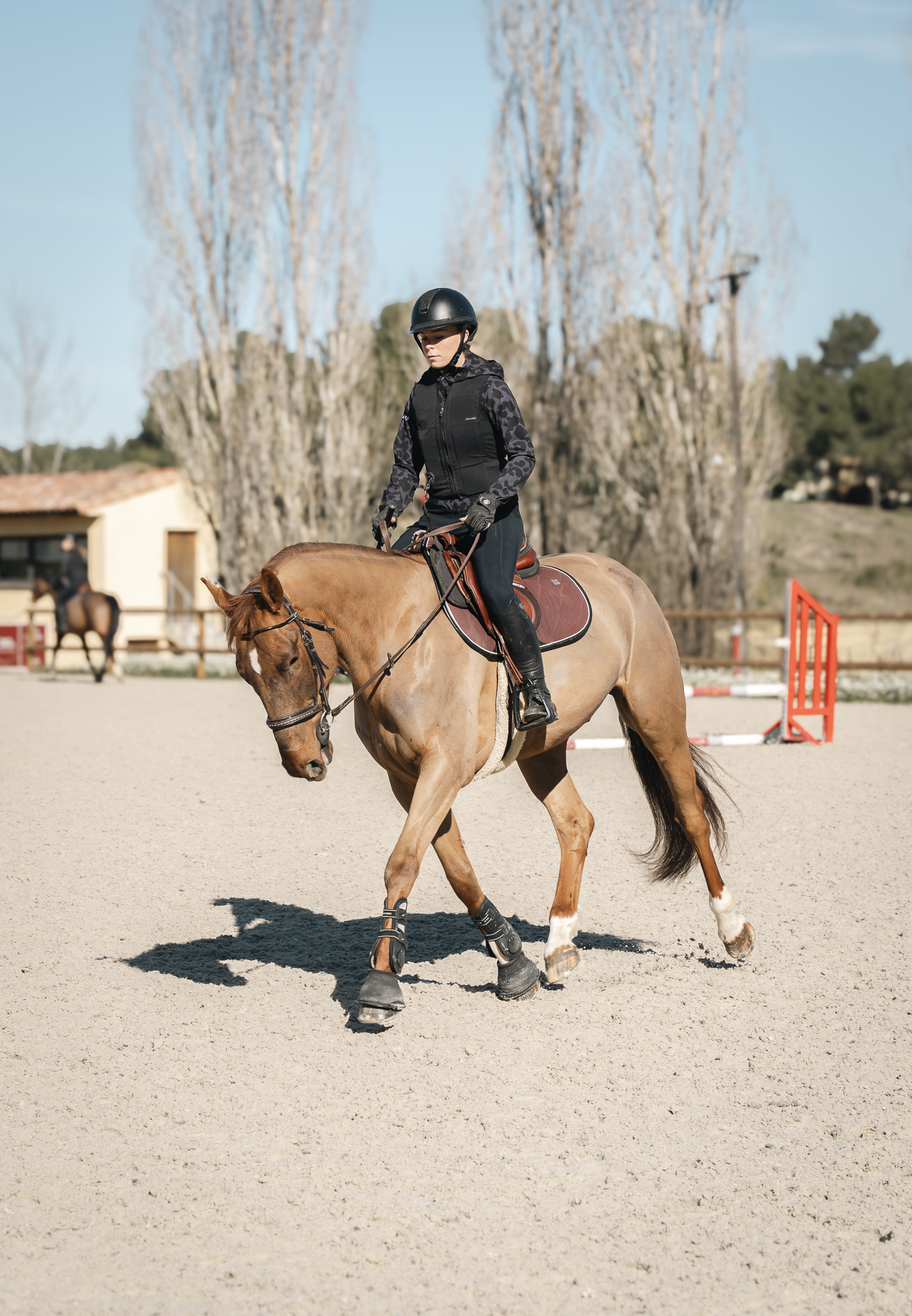 Jeune femme en casque d'équitation, vétue de vêtements noirs, montant un cheval bai dans un enclos d'équitation extérieur avec des barriers rouges, des arbres et un bâtiment en arrière-plan, sous un ciel bleu.