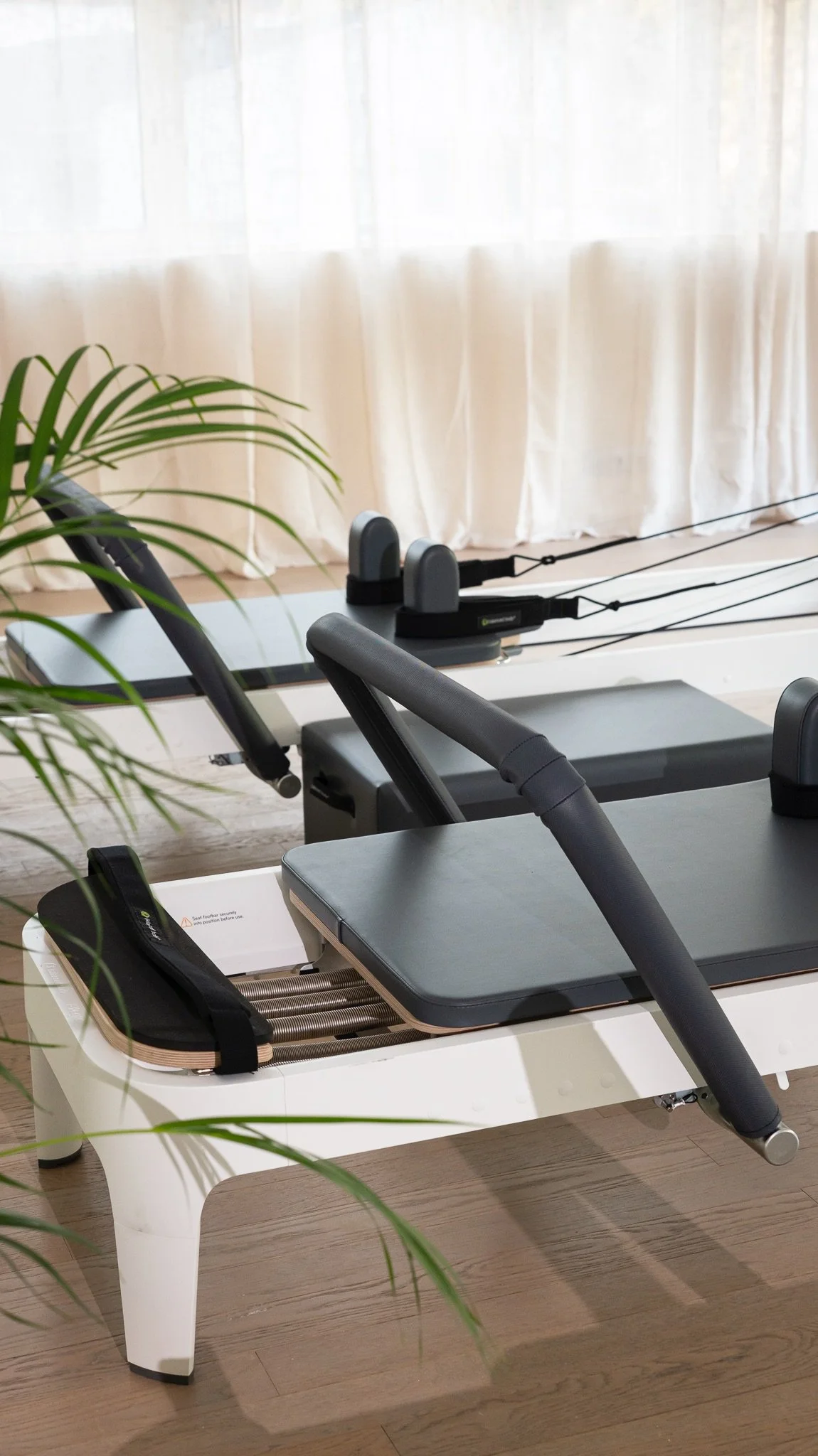 Une salle de sport avec plusieurs appareils de fitness, y compris un tapis de course et un cadre d'exercice, avec des rideaux blancs en arrière-plan et une plante verte à gauche.