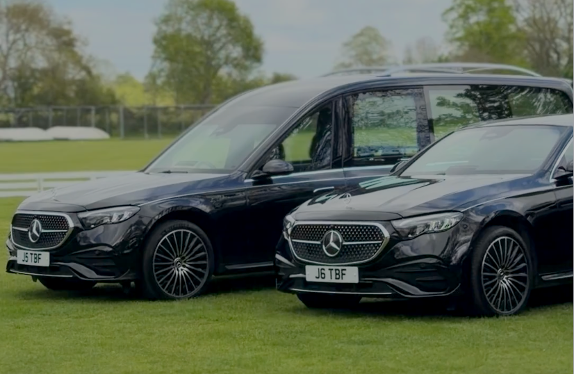 Two black hearses and limousines funeral transportation. Thomas Brothers funeral directors.