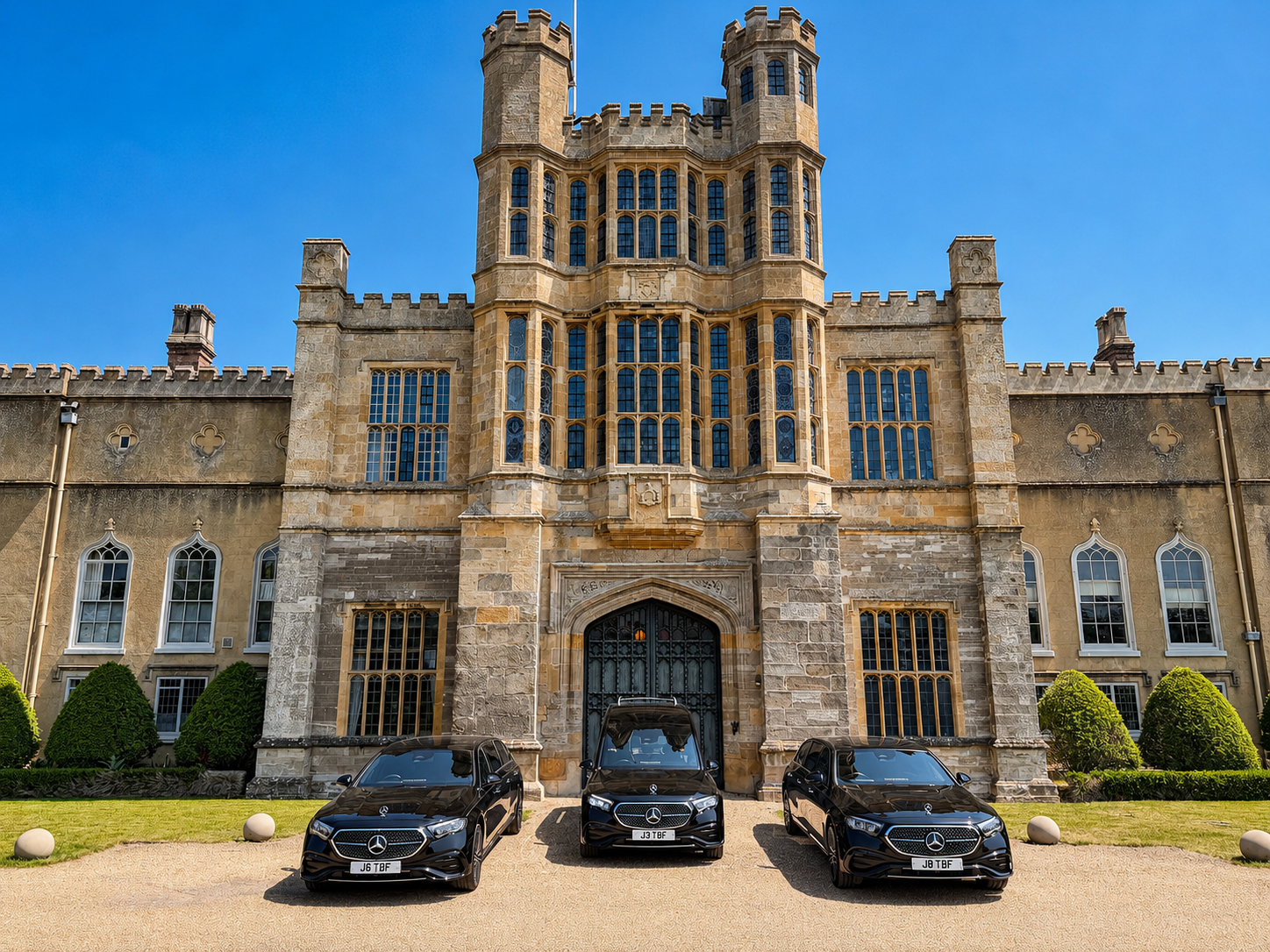 Front view of a castle-like mansion with three black Mercedes-Benz cars parked in front, green bushes on either side, and a clear blue sky overhead.