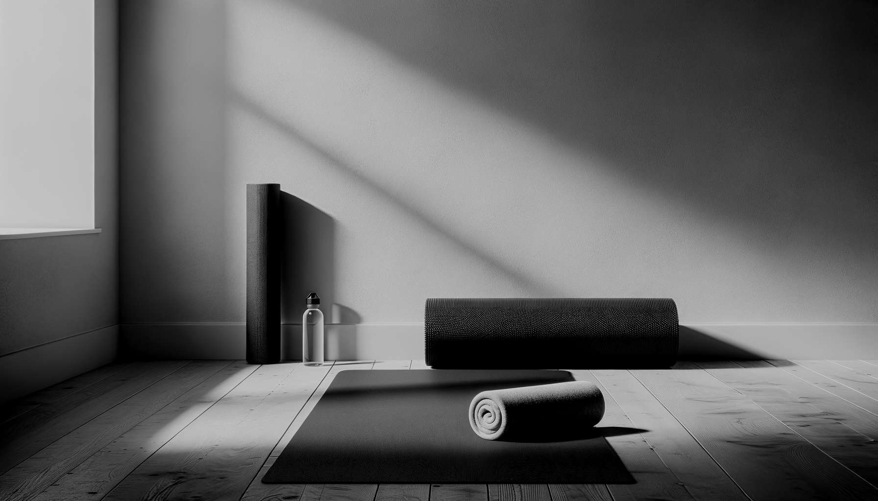 A minimalist black and white yoga or meditation space with a yoga mat, rolled towel, water bottle, and foam roller, bathed in soft natural light and shadows.