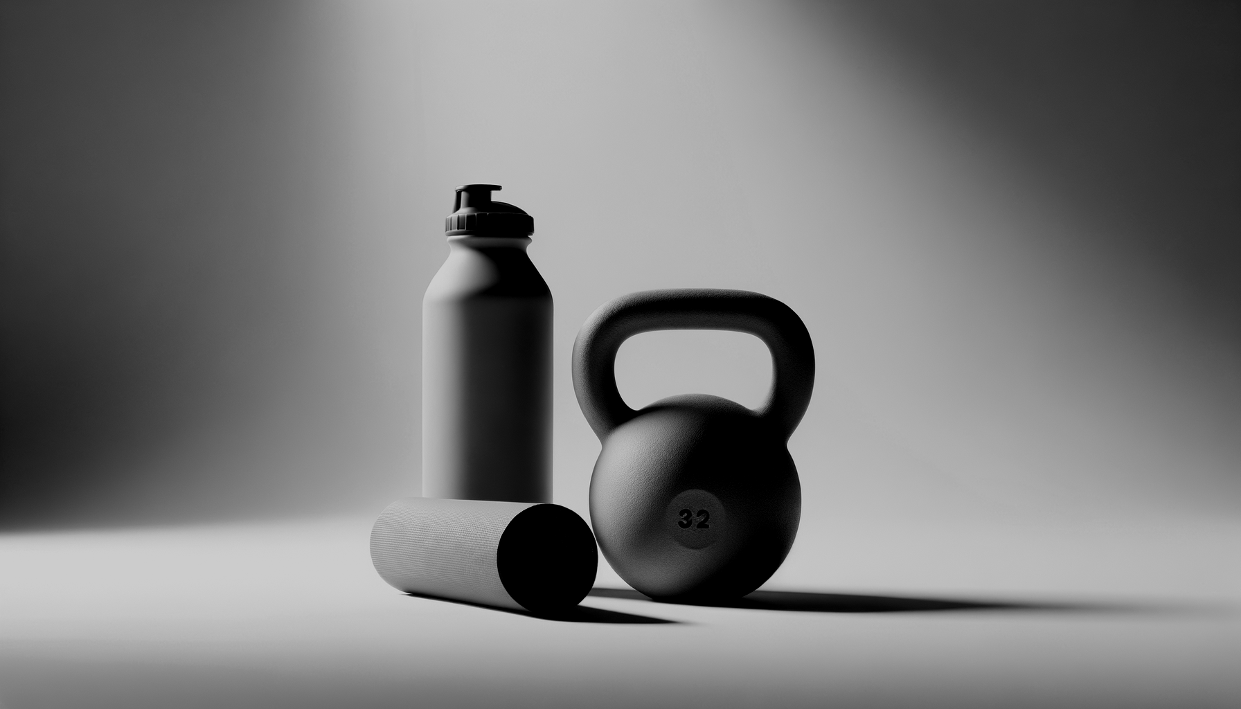Black and white photo of a water bottle, a foam roller, a kettlebell with the number 32 on it, and a dumbbell on a plain surface with a gradient background.