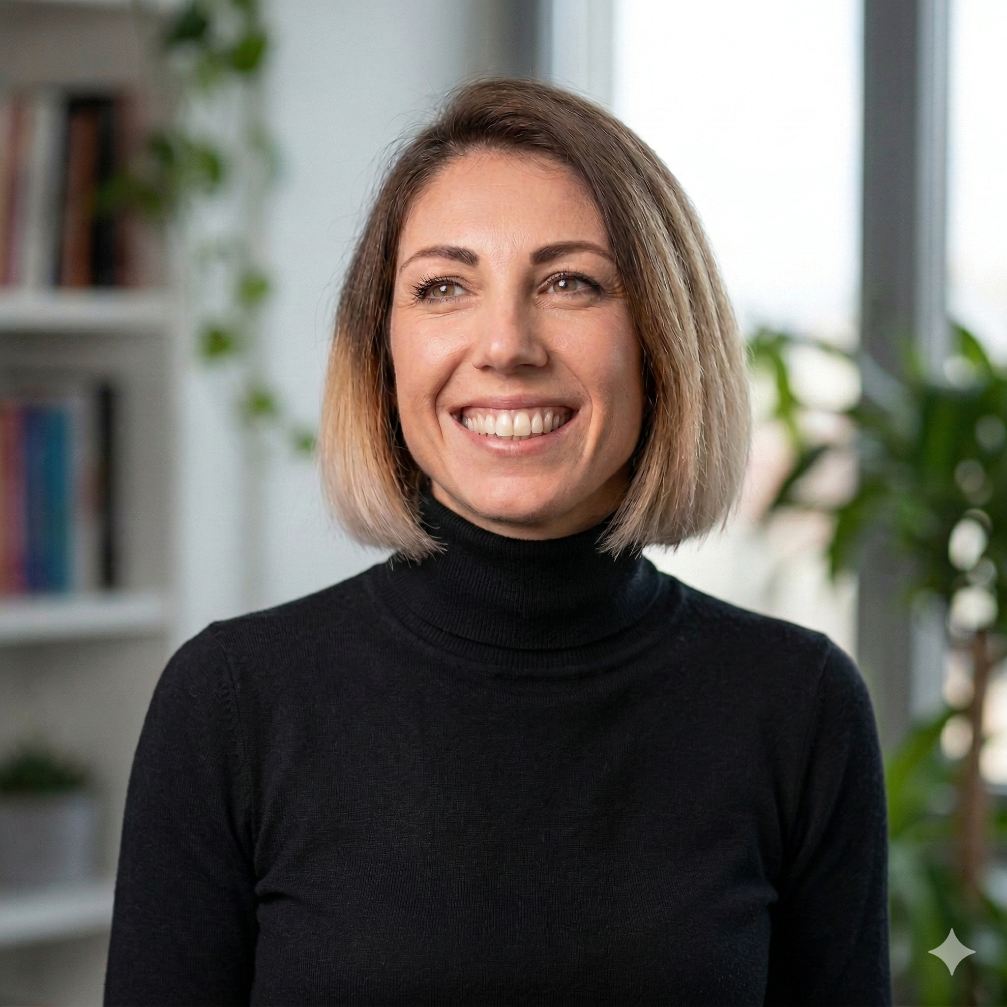 A woman smiling, wearing a black turtleneck sweater, in a room with a bookshelf and potted plants in the background.