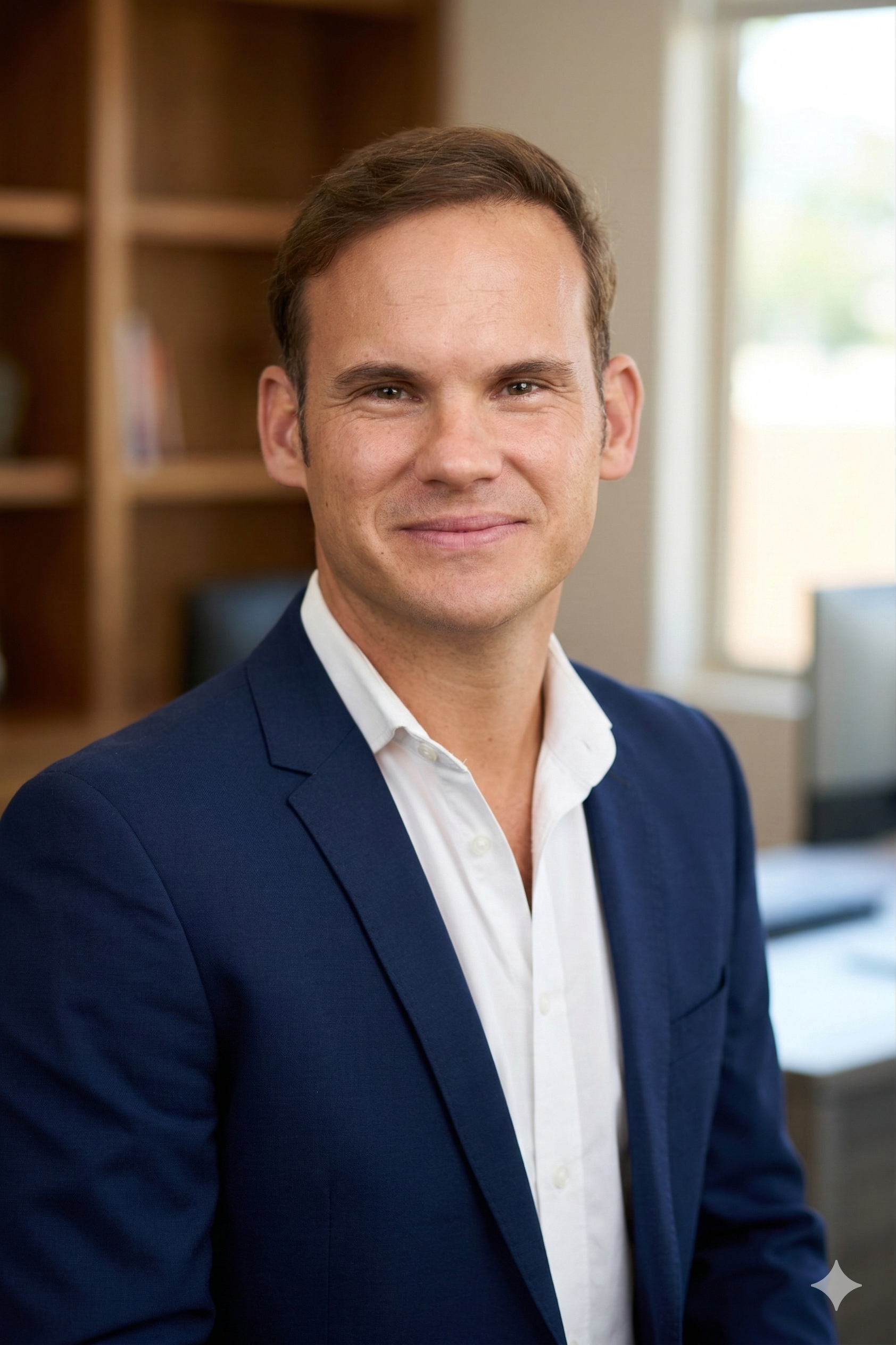 Portrait of Shaun Davy in a navy suit and white shirt, standing indoors near a window with a bookshelf in the background.