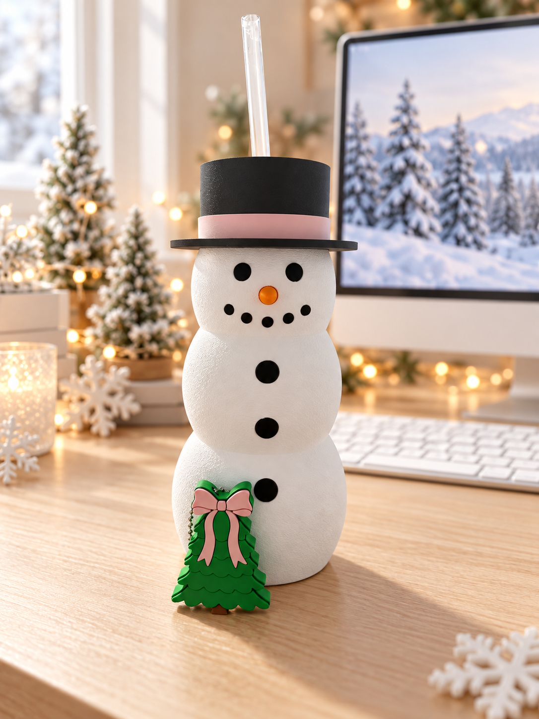 Snowman drink holder on winter desk.png