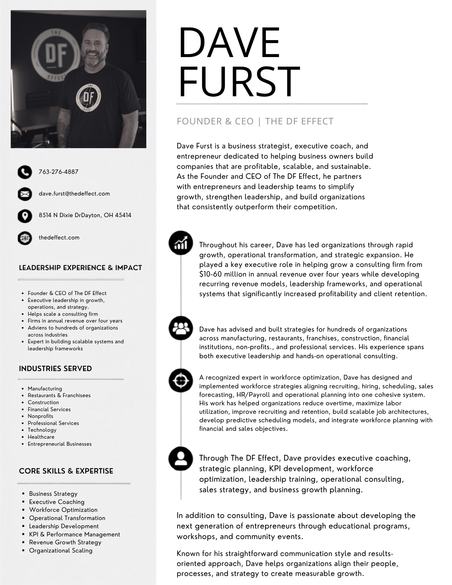 A professional bio of Dave Furst, CEO of The DF Effect, featuring his photo, contact information, and a description of his expertise and experience in business strategy, executive coaching, and workforce optimization.