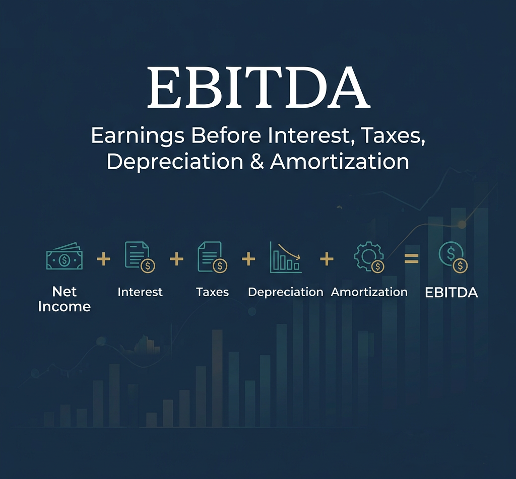 A graphic explaining EBITDA as earnings before interest, taxes, depreciation, and amortization, with icons representing net income, interest, taxes, depreciation, and amortization, culminating in EBITDA.
