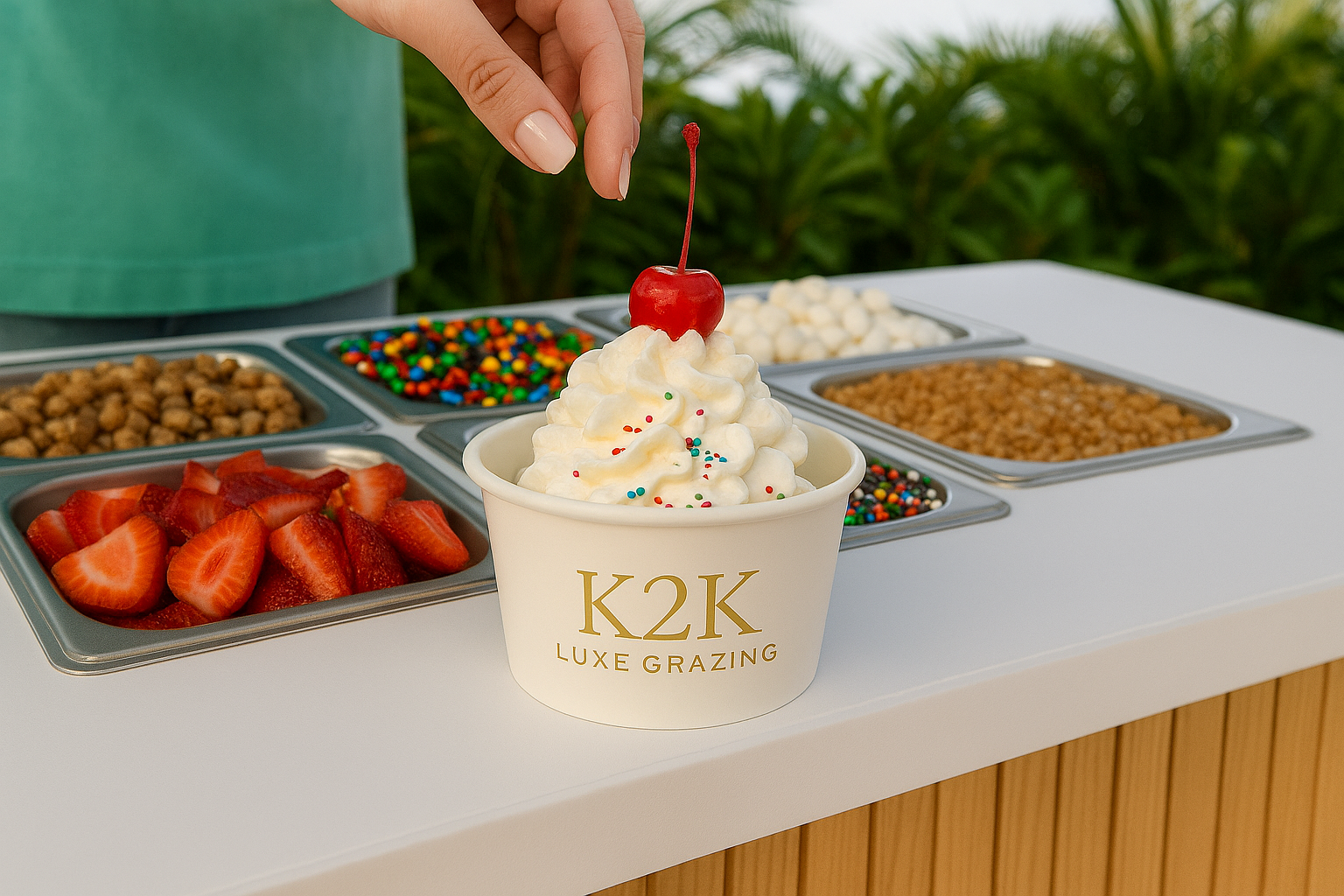 Dessert grazing cart with brownies, cookies, popcorn, and fruit.