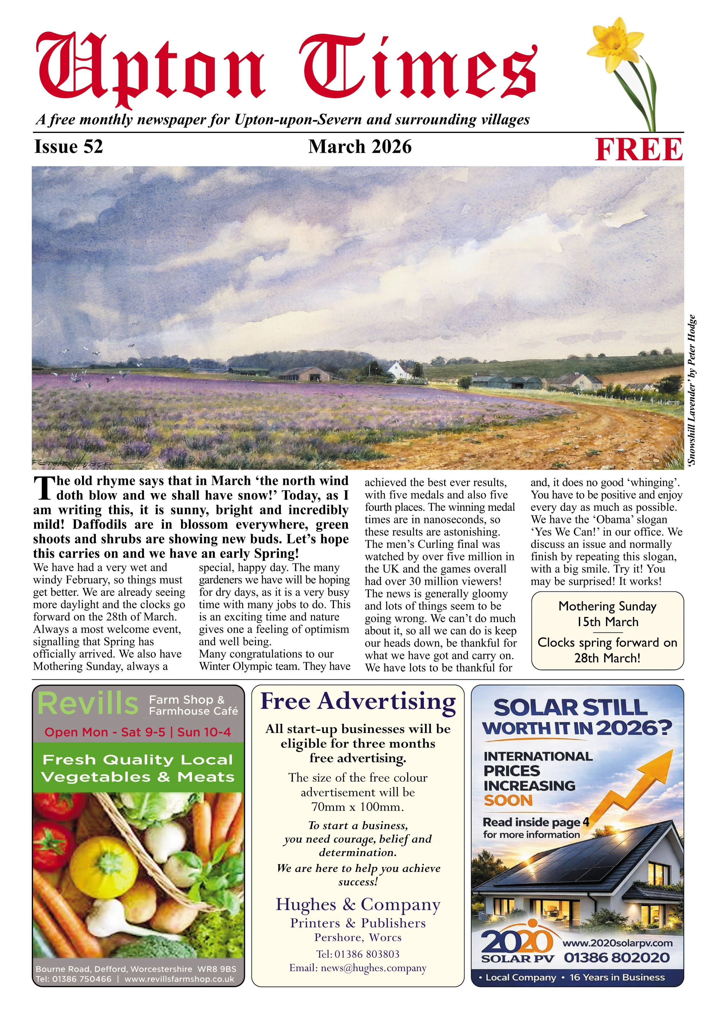 A front page of the Upton Times community newspaper featuring a watercolor landscape of farmland with purple flowers, farm buildings, and cloudy skies, dated March 2026.