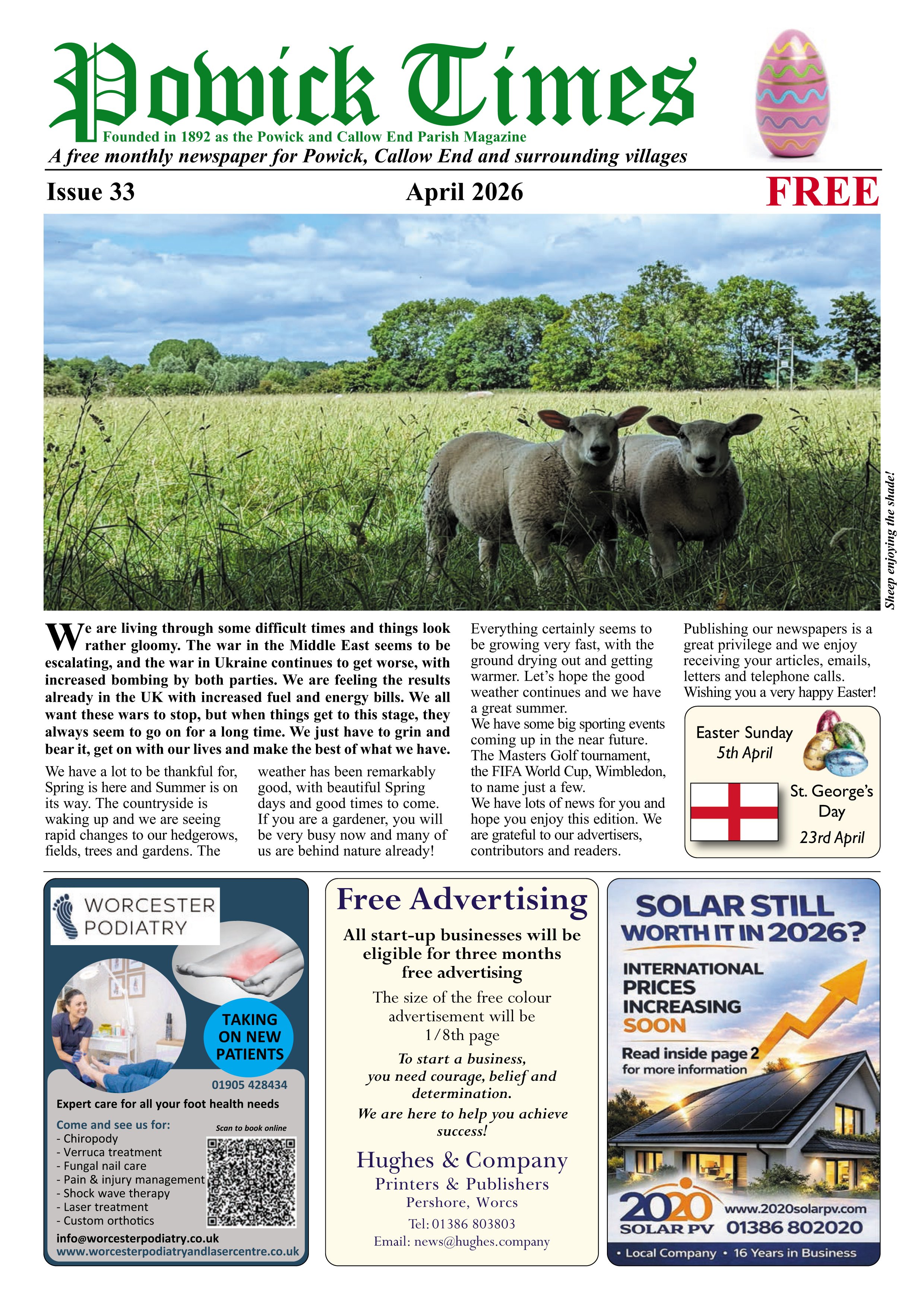 Cover page of the April 2026 issue of the Pommick Times newspaper with a picture of two sheep in a green field under a blue sky, and various advertisements and articles on the page.
