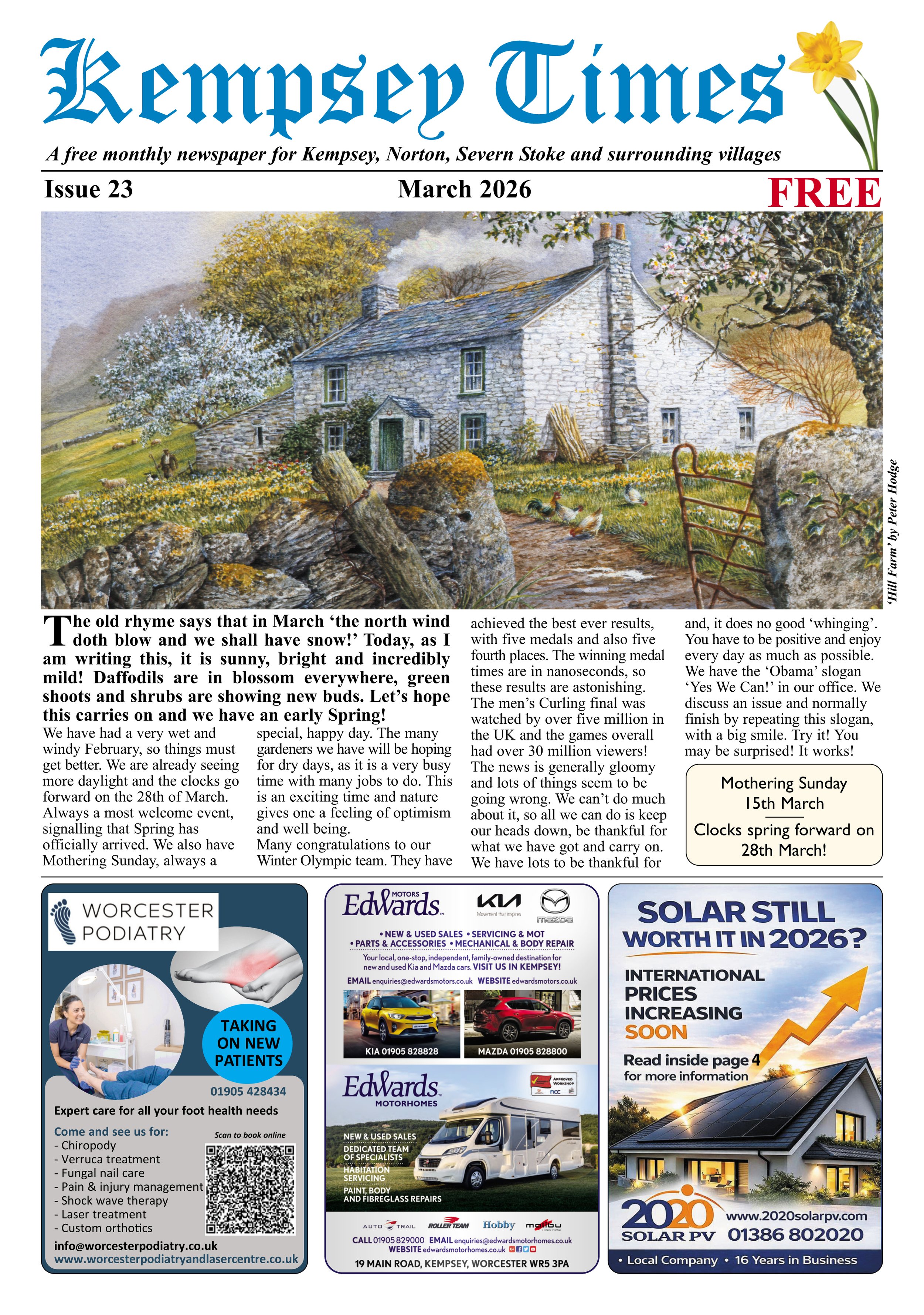 Front page of the Kempsey Times newspaper from March 2026, featuring an illustration of a countryside house surrounded by trees, ducks, and a stone wall, with headlines about spring, Mother's Day, and local events.