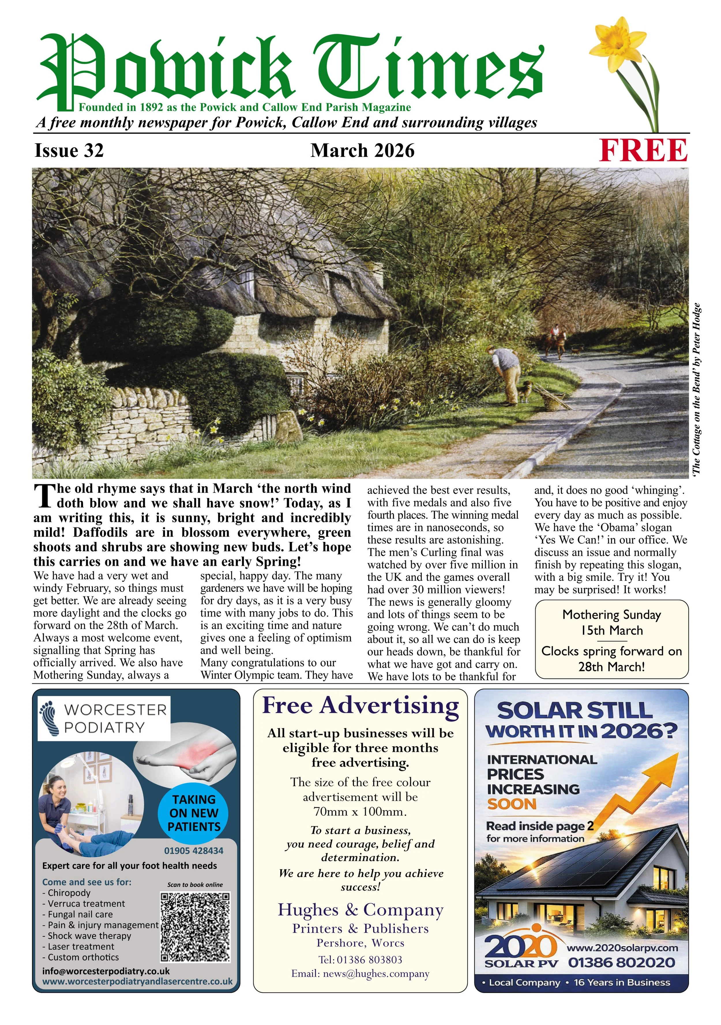 Front page of the March 2026 issue of the Powick Times, a local parish newspaper. The masthead features green lettering with a daffodil flower image on the right. The main photo shows a person working on a garden path beside a stone cottage surrounded by trees and shrubs. Headlines mention the arrival of spring, Mother's Day, and clocks springing forward.