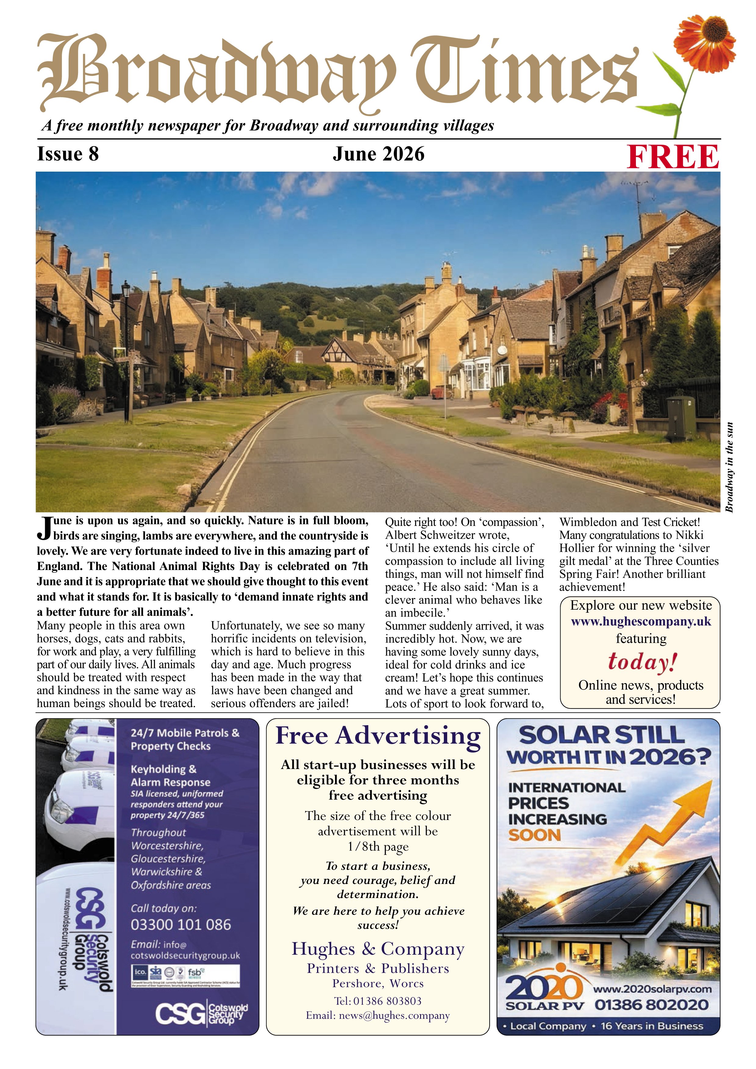 Front page of a local community newspaper titled 'Broadway Times' featuring a street scene in Broadway with houses and a hill in the background, dated June 2026, issue 8, free