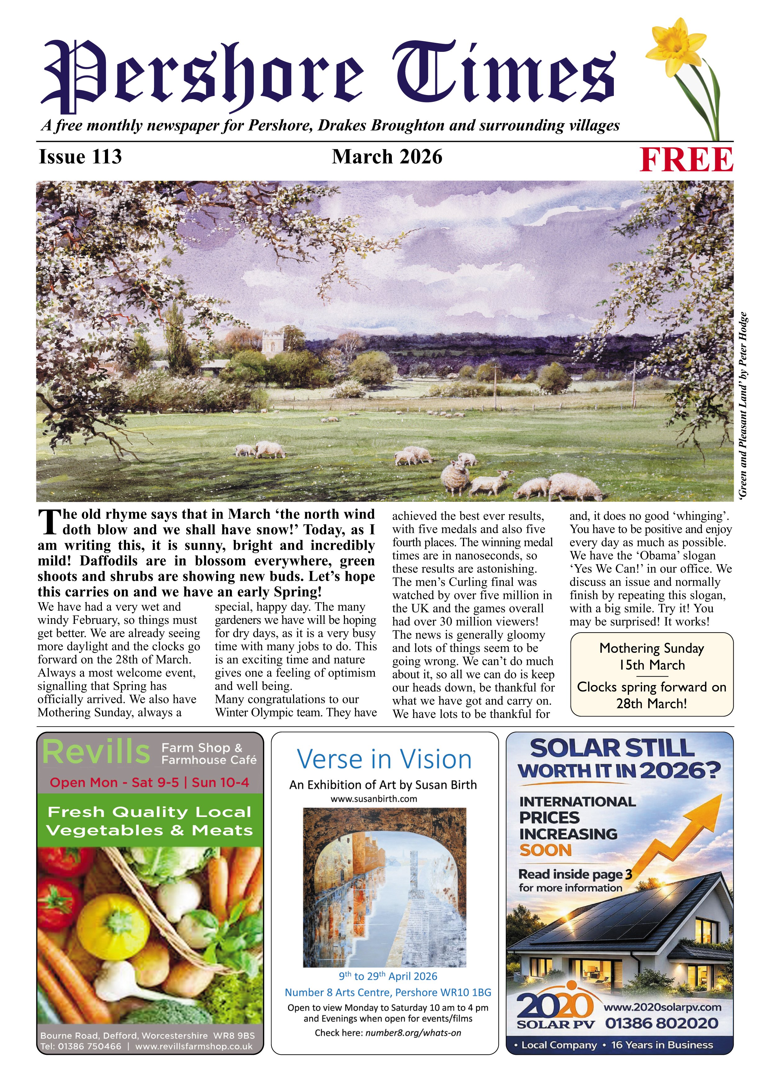 Cover of the Pershore Times, a free local newspaper featuring a watercolor painting of a countryside landscape with blooming trees, sheep grazing, and a distant church, with a daffodil in the top right corner.