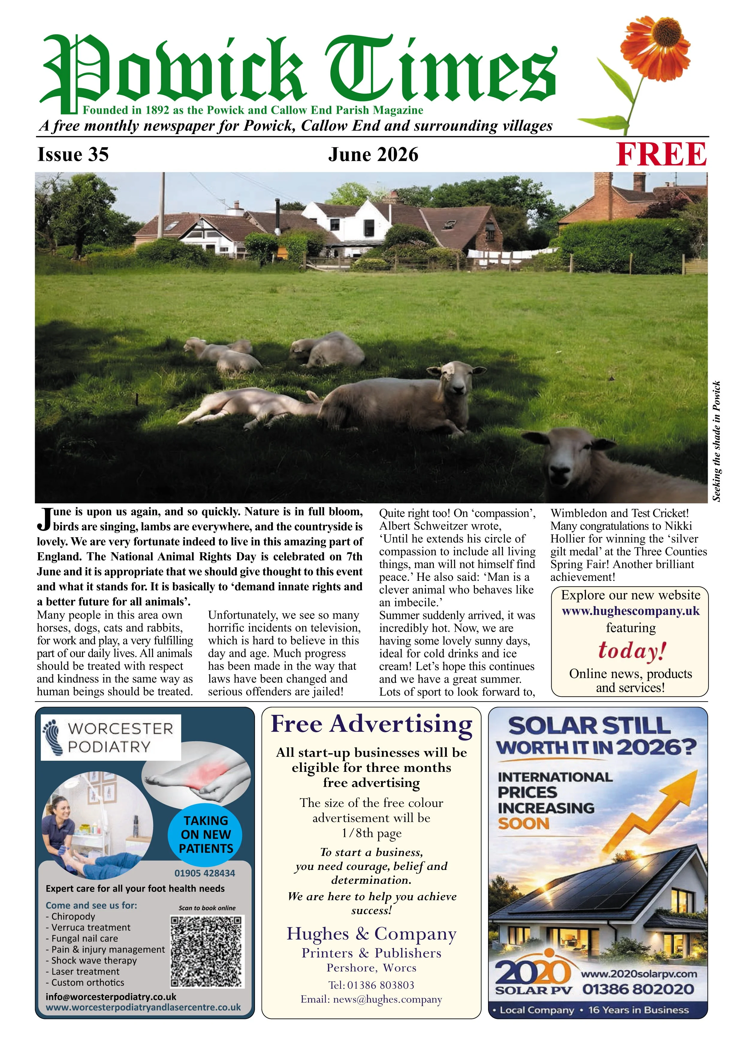 A front page of a community newspaper titled 'Potwick Times' featuring an image of sheep resting on a grassy field with houses and trees in the background.