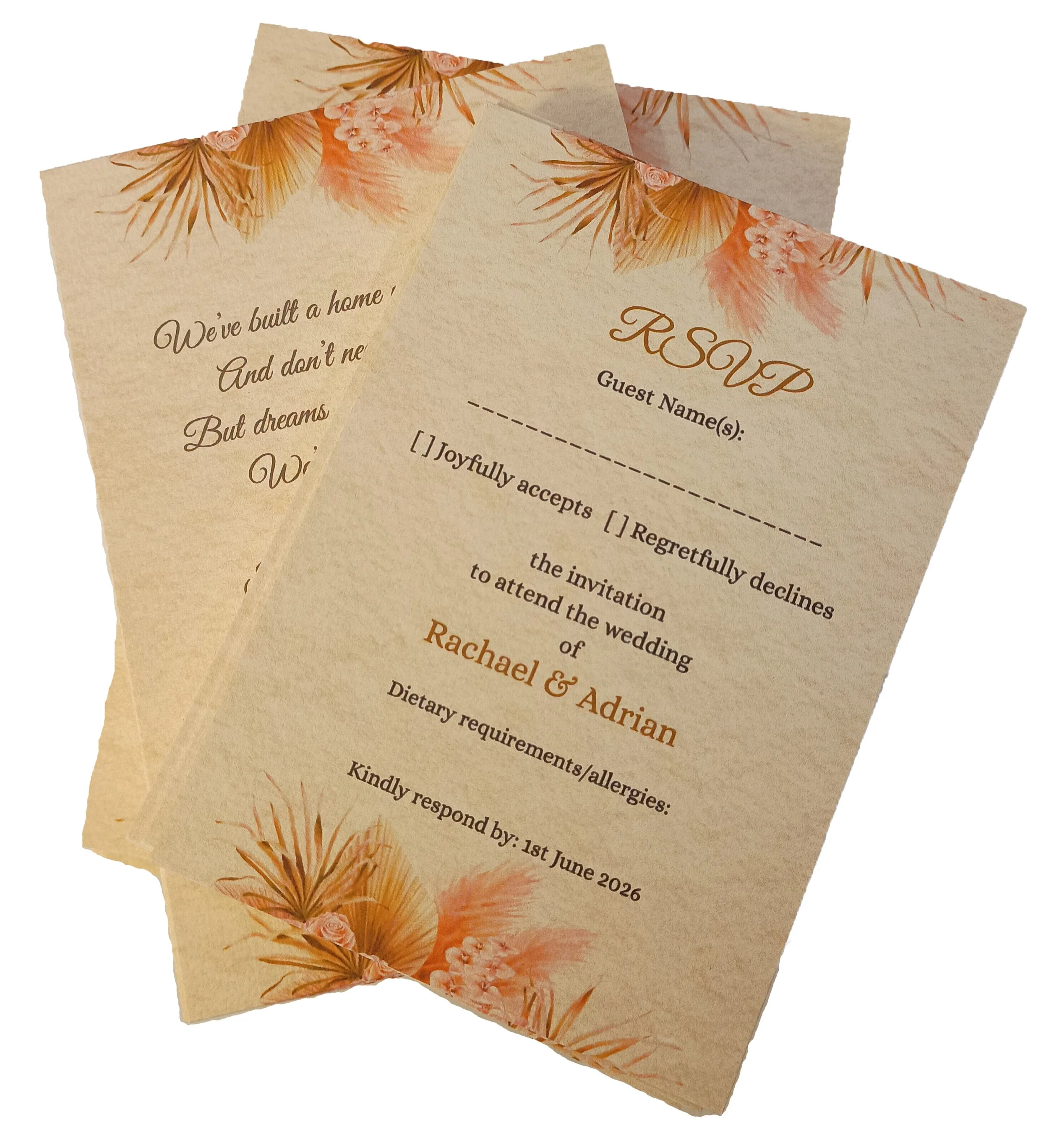 Wedding RSVP card with peach and beige floral design, inviting guests to respond by June 1st, 2026, for Rachael and Adrian's wedding.