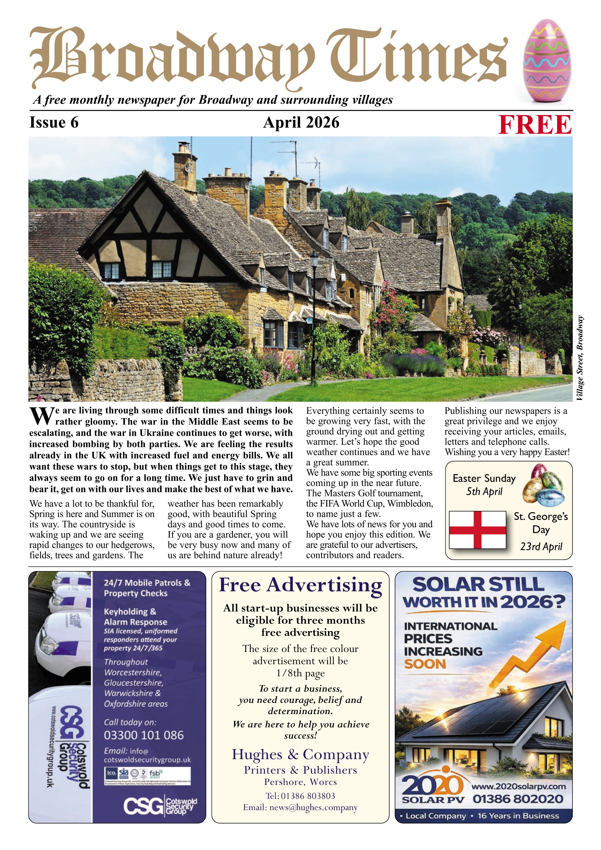 A front page of a newspaper titled 'Broadway Times' with a photo of a historic village with stone cottages amidst greenery, and various advertisements on the page.