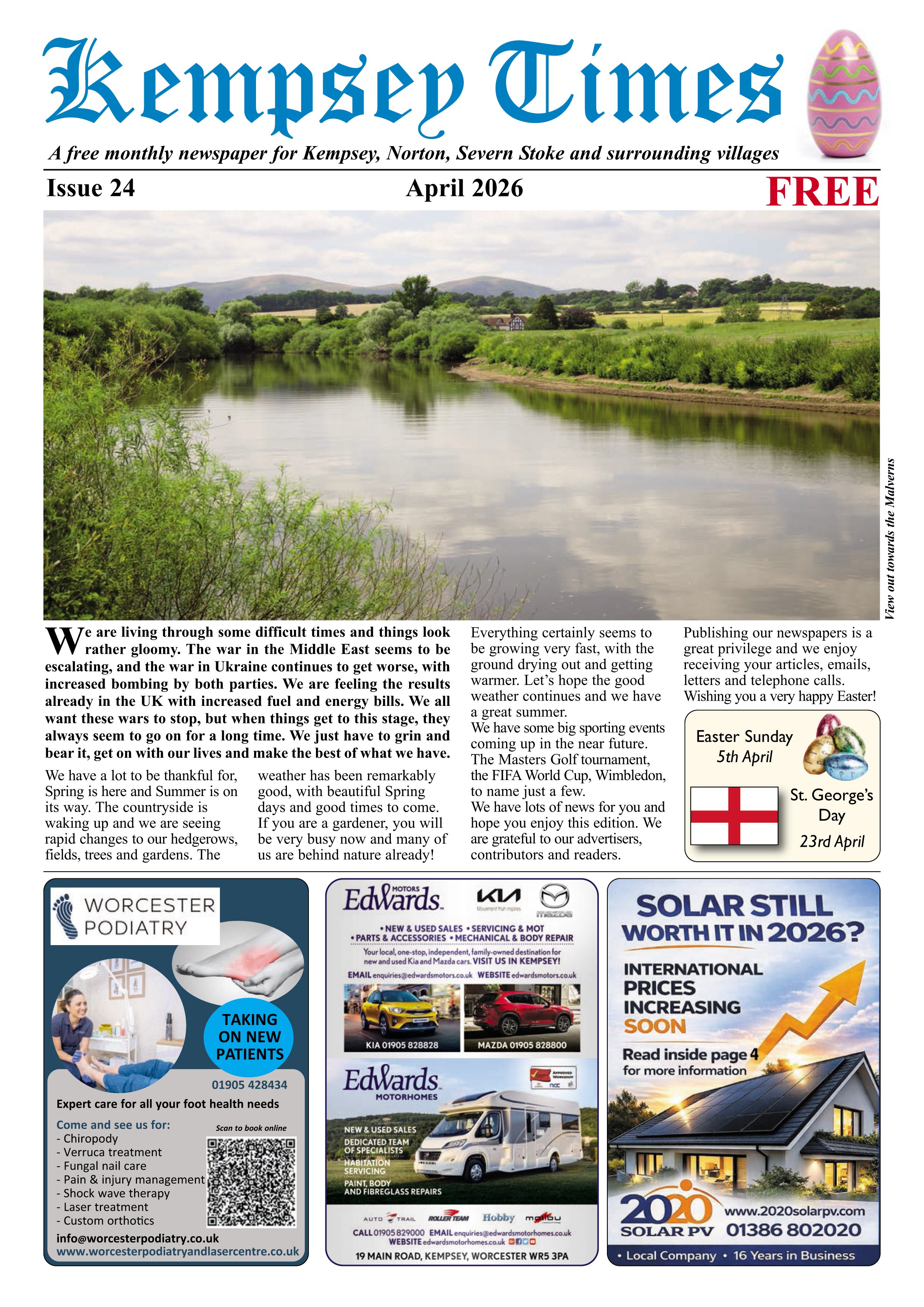Front page of the Kempsey Times newspaper, April 2026, featuring a landscape photograph of a river with green trees and hills in the background.