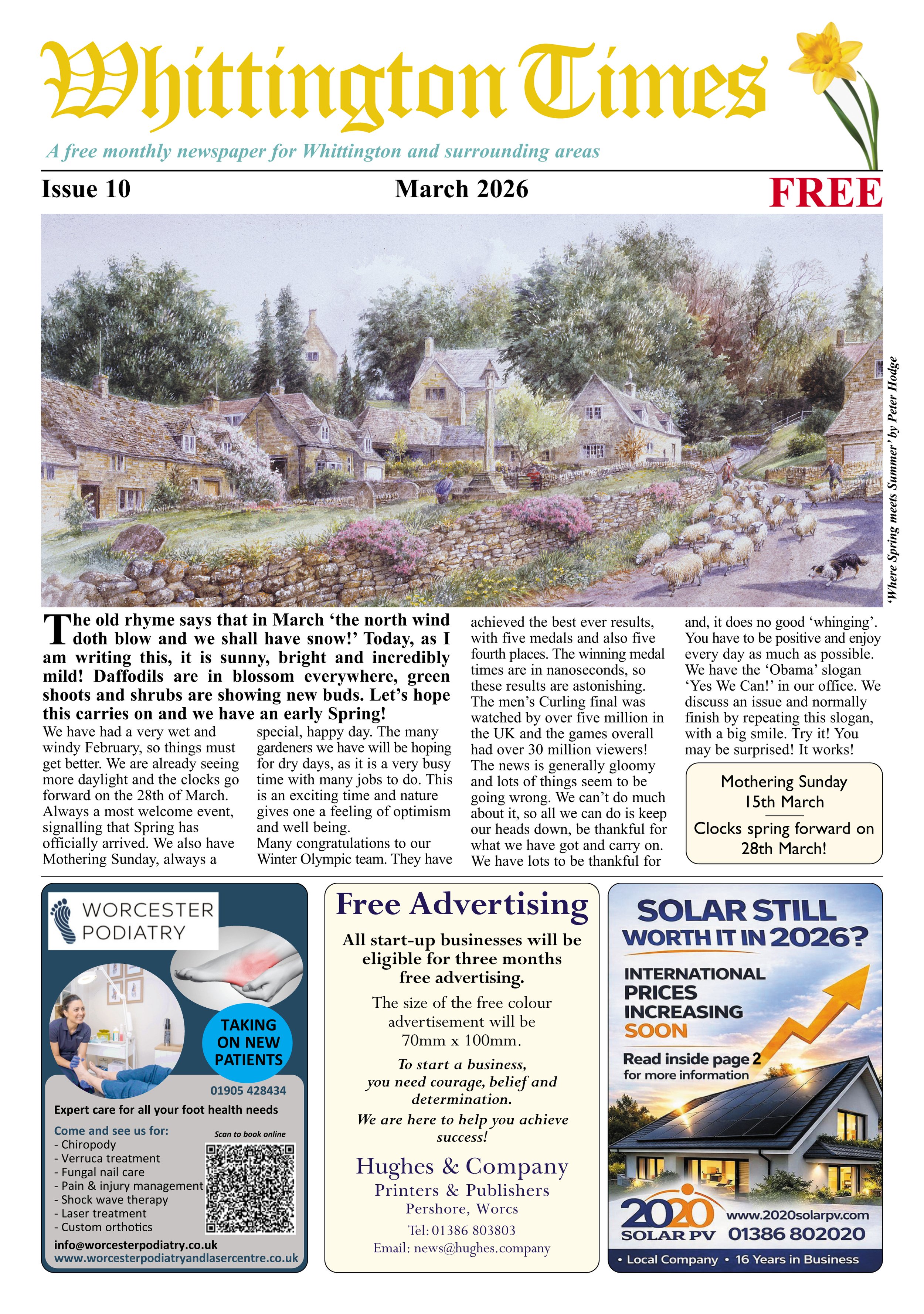 Front page of Whittington Times newsletter, March 2026, featuring a watercolor illustration of a village scene with cottages, trees, flowers, sheep, a dog, and people.