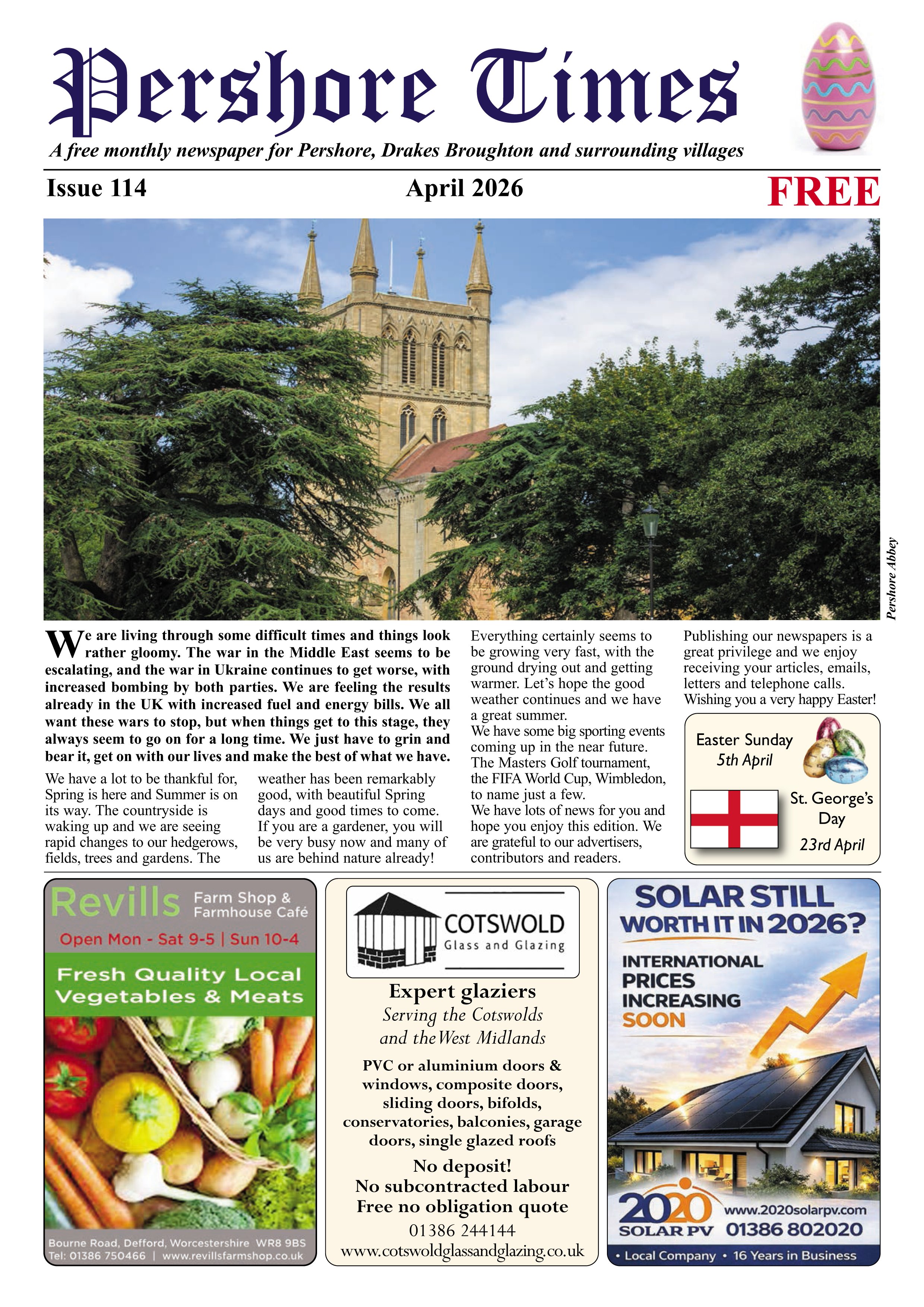 Front page of the Pershore Times newspaper, April 2026 edition, featuring a large church tower with spires and trees in the foreground, and various local advertisements.