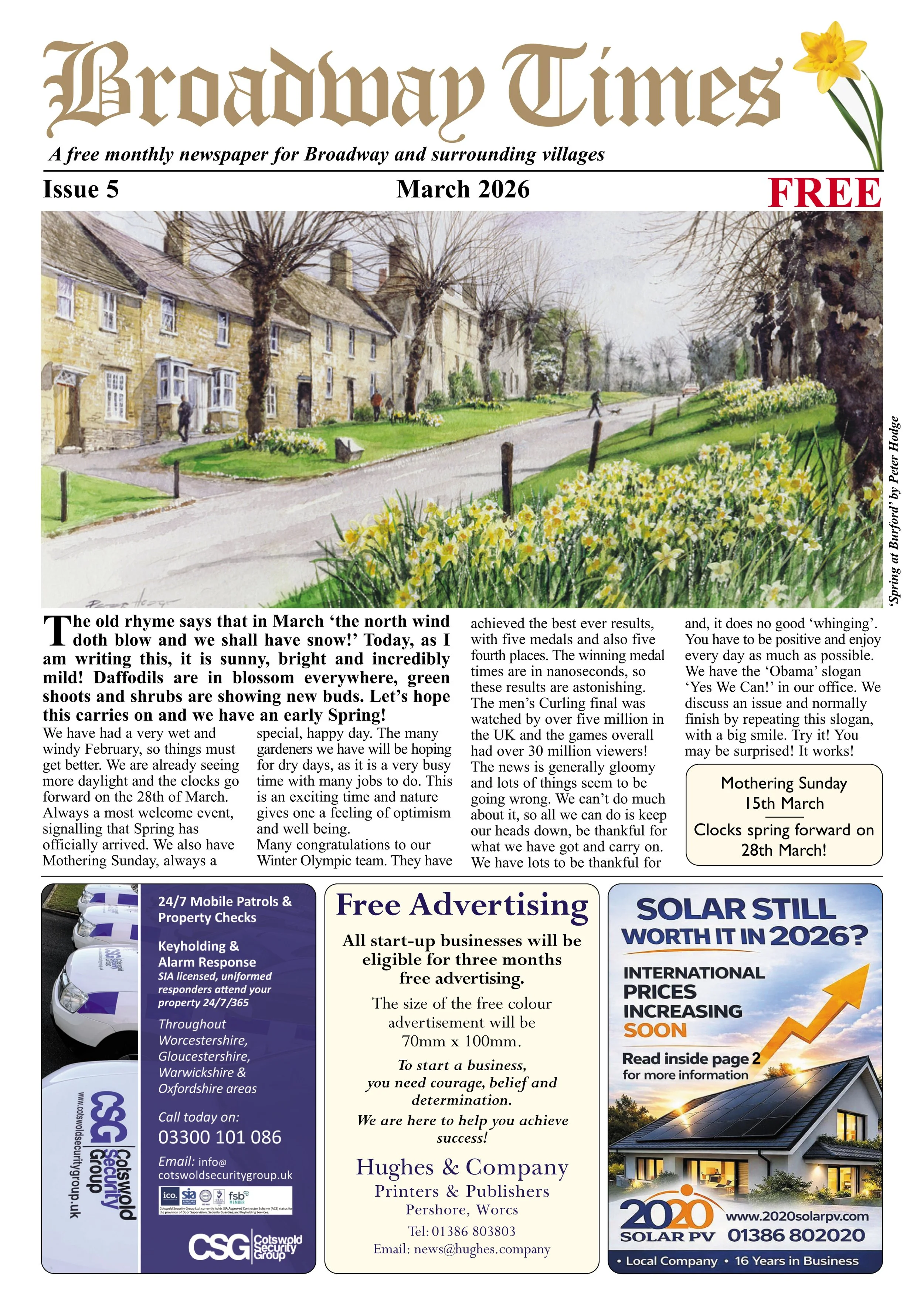 Colorful watercolor illustration of a row of stone houses with blooming trees and tulips in a village street scene.