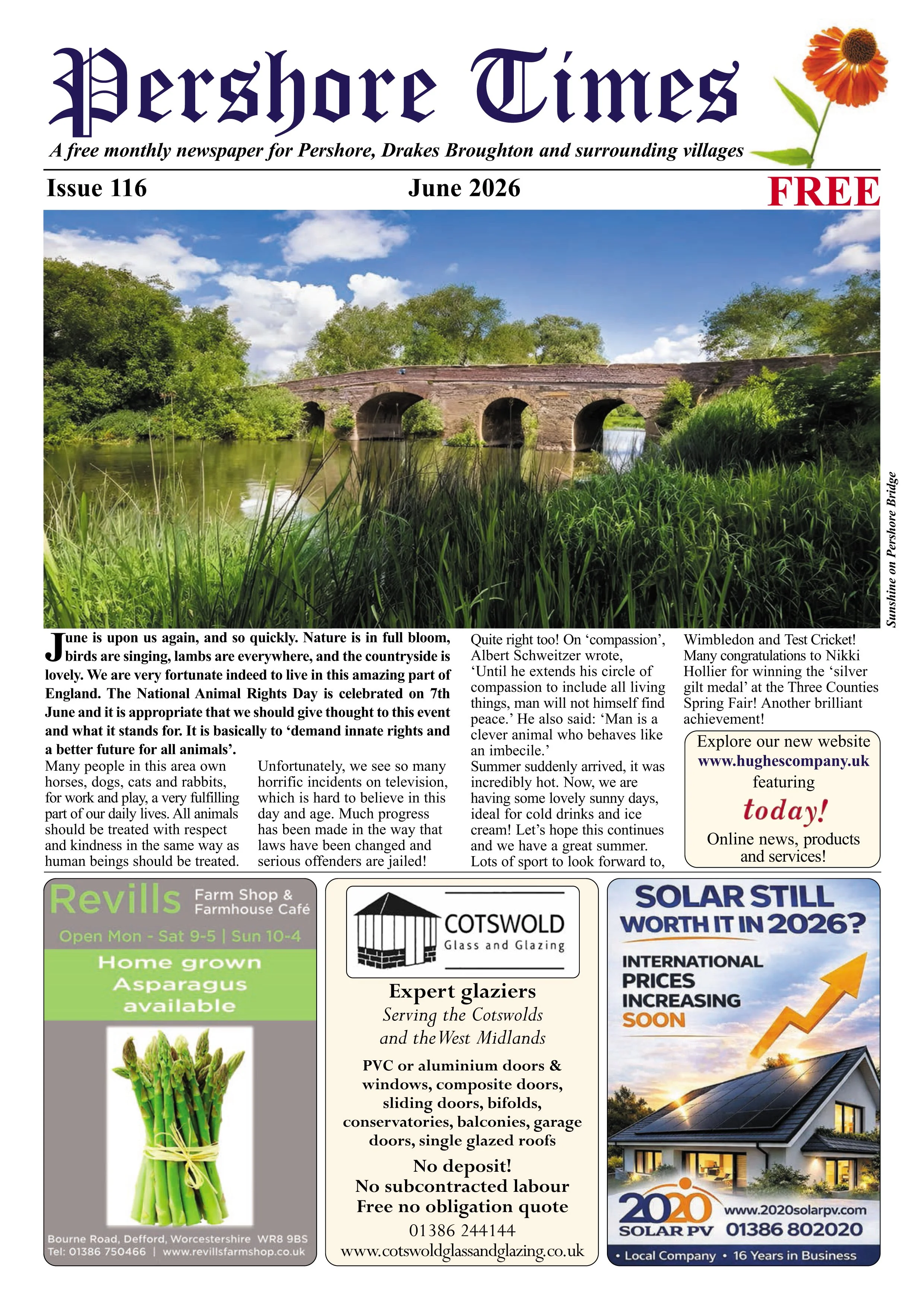 Front page of a community newspaper titled 'Pershore Times', featuring a large photo of a stone bridge over a river with green trees and blue sky, and smaller ads including one for solar panels.